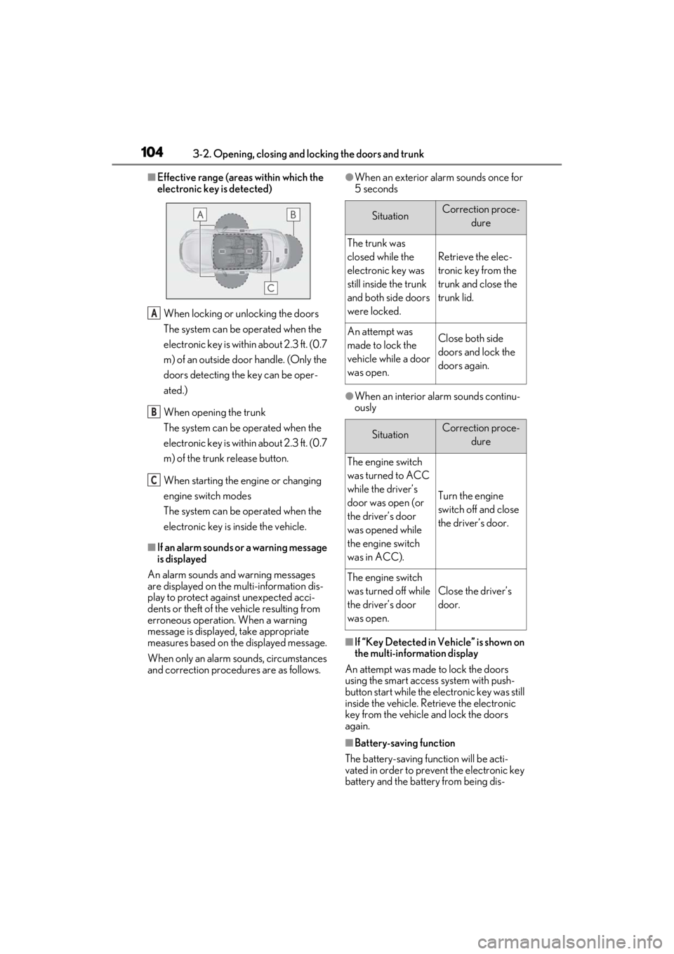 lexus LC500C 2021  Owners Manual / LEXUS 2021 LC500 CONVERTIBLE OWNERS MANUAL (OM11498U) 1043-2. Opening, closing and locking the doors and trunk
■Effective range (areas within which the 
electronic key is detected)
When locking or unlocking the doors
The system can be operated when the