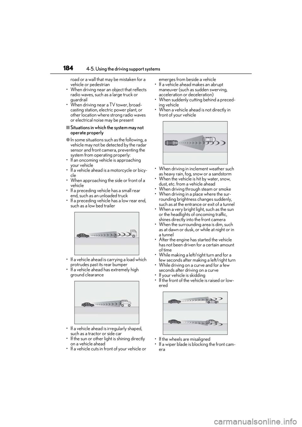lexus LC500C 2021 / LEXUS 2021 LC500 CONVERTIBLE (OM11498U) Owners Guide 1844-5. Using the driving support systems
road or a wall that may be mistaken for a
vehicle or pedestrian
• When driving near an object that reflects
radio waves, such as a large truck or
guardr lexus LC500C 2021 / LEXUS 2021 LC500 CONVERTIBLE (OM11498U) Owners Guide 1844-5. Using the driving support systems
road or a wall that may be mistaken for a
vehicle or pedestrian
• When driving near an object that reflects
radio waves, such as a large truck or
guardr