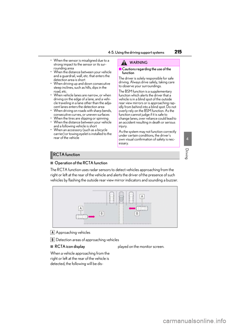 lexus LC500C 2021   / LEXUS 2021 LC500 CONVERTIBLE  (OM11498U) Service Manual 2154-5. Using the driving support systems
4
Driving
• When the sensor is misaligned due to a strong impact to the sensor or its sur-
rounding area
• When the distance between your vehicle  and a g
