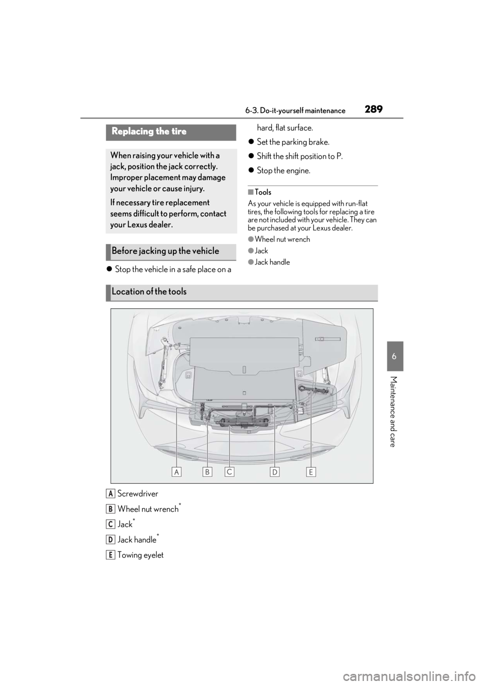 lexus LC500C 2021  Owners Manual / LEXUS 2021 LC500 CONVERTIBLE OWNERS MANUAL (OM11498U) 2896-3. Do-it-yourself maintenance
6
Maintenance and care
Stop the vehicle in a safe place on a  hard, flat surface.
 Set the parking brake.
 Shift the shift position to P.
 Stop the engin