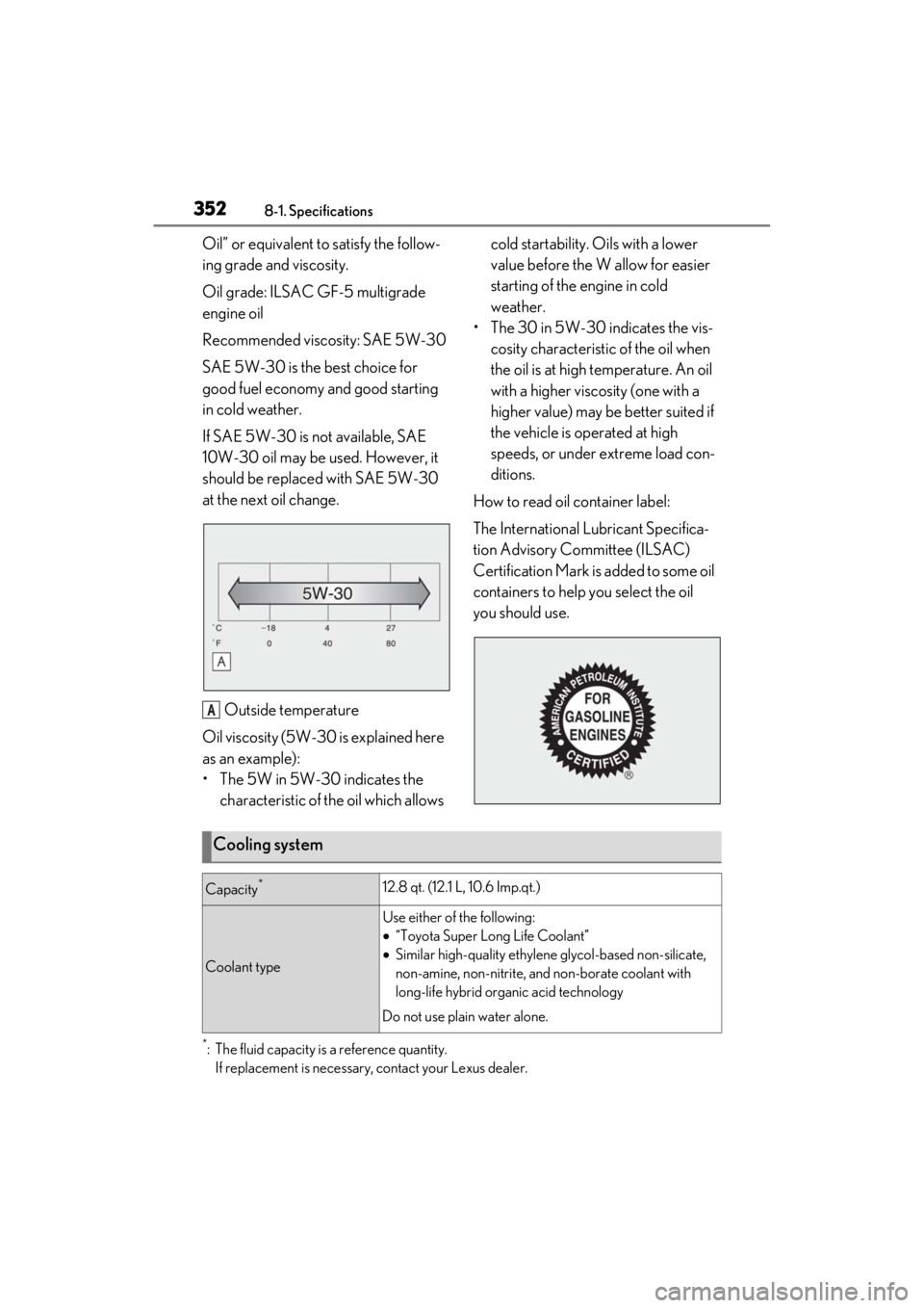 lexus LC500C 2021 Owners Manual / LEXUS 2021 LC500 CONVERTIBLE OWNERS MANUAL (OM11498U) 3528-1. Specifications
Oil” or equivalent to satisfy the follow-
ing grade and viscosity.
Oil grade: ILSAC GF-5 multigrade
engine oil
Recommended viscosity: SAE 5W-30
SAE 5W-30 is the best choice f lexus LC500C 2021 Owners Manual / LEXUS 2021 LC500 CONVERTIBLE OWNERS MANUAL (OM11498U) 3528-1. Specifications
Oil” or equivalent to satisfy the follow-
ing grade and viscosity.
Oil grade: ILSAC GF-5 multigrade
engine oil
Recommended viscosity: SAE 5W-30
SAE 5W-30 is the best choice f
