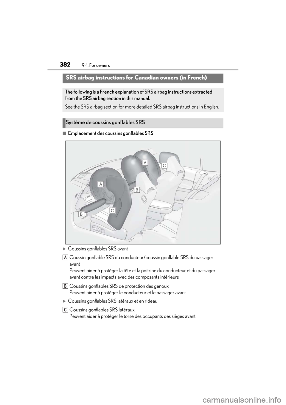 lexus LC500C 2021  Owners Manual / LEXUS 2021 LC500 CONVERTIBLE OWNERS MANUAL (OM11498U) 3829-1. For owners
■Emplacement des coussins gonflables SRS
Coussins gonflables SRS avant
Coussin gonflable SRS du conducteur /coussin gonflable SRS du passager 
avant
Peuvent aider à protéger 