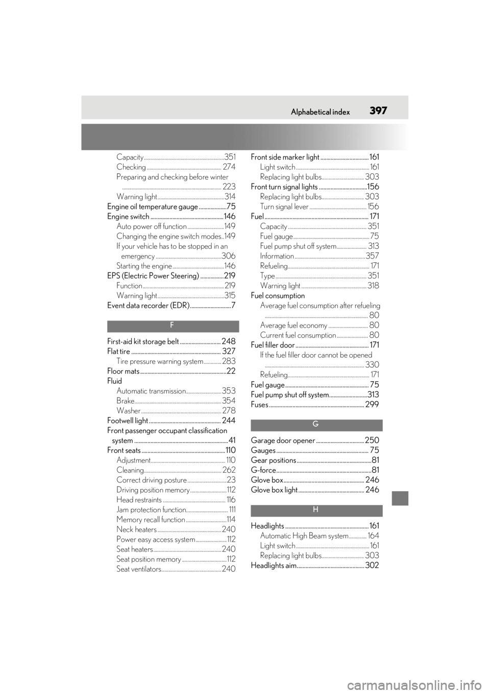 lexus LC500C 2021   / LEXUS 2021 LC500 CONVERTIBLE  (OM11498U) User Guide Alphabetical index397
Capacity ...........................................................351
Checking ....................................................... 274
Preparing and checking before winter.
