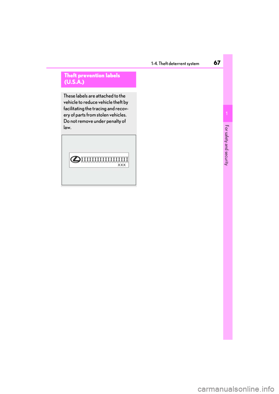 lexus LC500C 2021 / LEXUS 2021 LC500 CONVERTIBLE (OM11498U) Repair Manual 671-4. Theft deterrent system
1
For safety and security
Theft prevention labels
(U.S.A.)
These labels are attached to the
vehicle to reduce vehicle theft by
facilitating the tracing and recov-
ery lexus LC500C 2021 / LEXUS 2021 LC500 CONVERTIBLE (OM11498U) Repair Manual 671-4. Theft deterrent system
1
For safety and security
Theft prevention labels
(U.S.A.)
These labels are attached to the
vehicle to reduce vehicle theft by
facilitating the tracing and recov-
ery