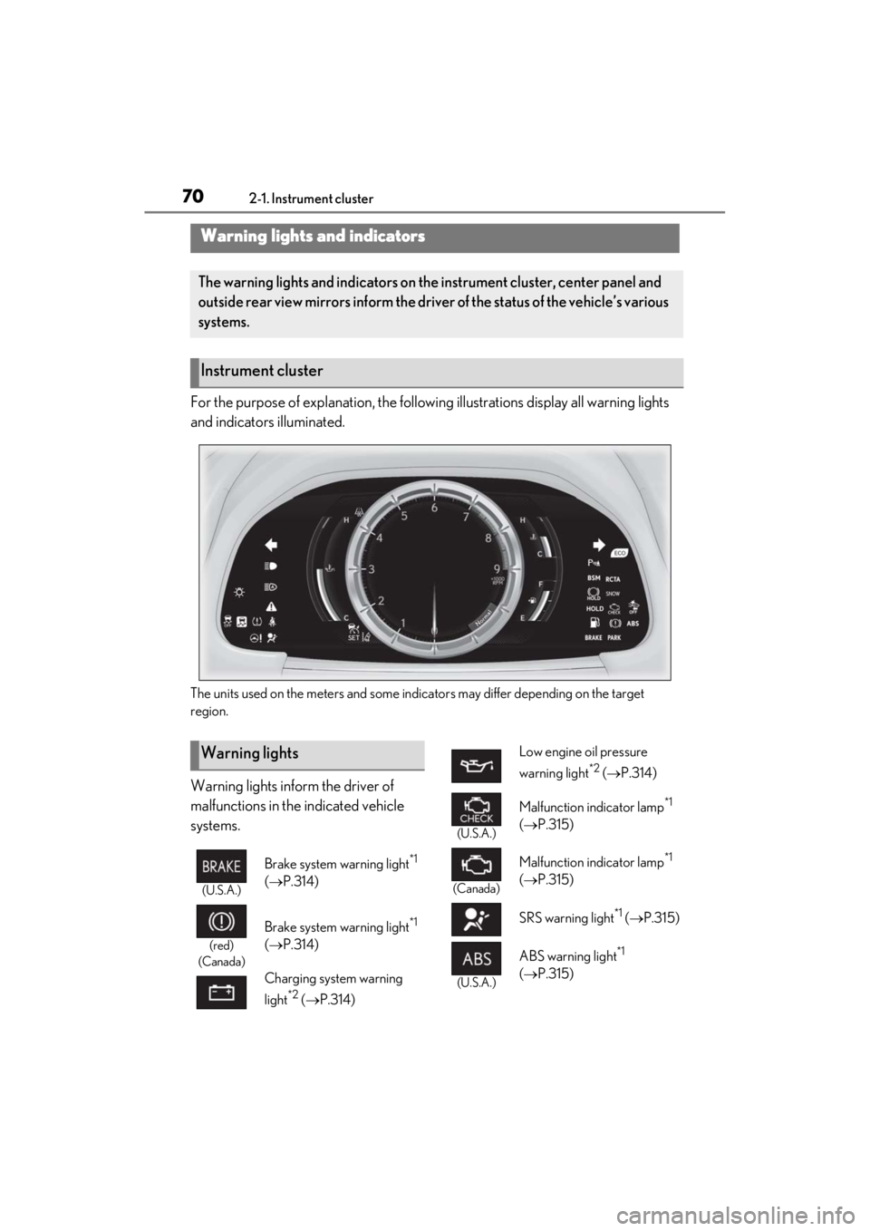lexus LC500C 2021 Owners Manual / LEXUS 2021 LC500 CONVERTIBLE OWNERS MANUAL (OM11498U) 702-1. Instrument cluster
2-1.Instrument cluster
For the purpose of explanation, the following illustrations display all warning lights
and indicators illuminated.
The units used on the meters and so lexus LC500C 2021 Owners Manual / LEXUS 2021 LC500 CONVERTIBLE OWNERS MANUAL (OM11498U) 702-1. Instrument cluster
2-1.Instrument cluster
For the purpose of explanation, the following illustrations display all warning lights
and indicators illuminated.
The units used on the meters and so