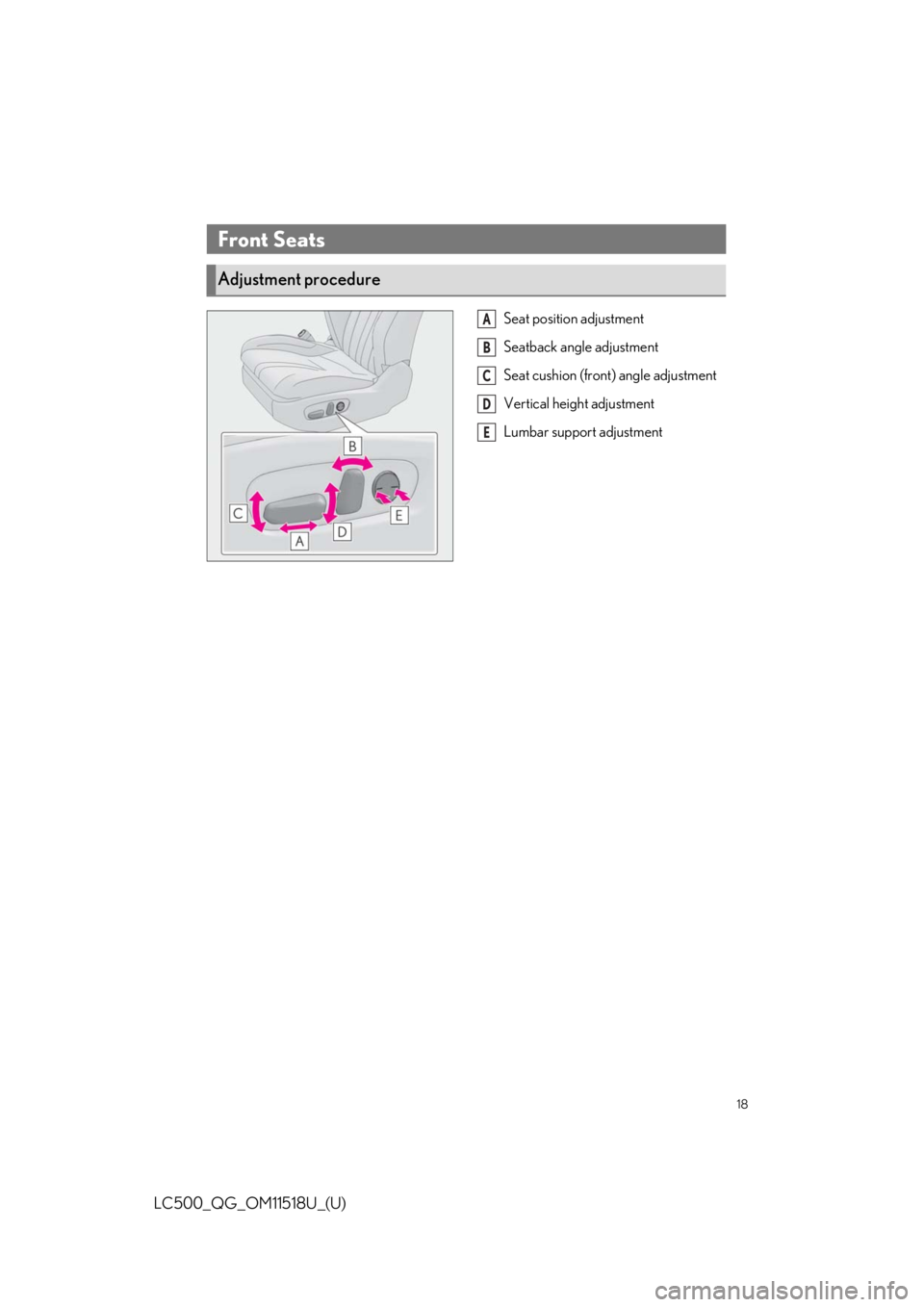 lexus LC500C 2021 Owners Manual / LEXUS 2021 LC500 CONVERTIBLE OWNERS MANUAL QUICK GUIDE (OM11518U) 18
LC500_QG_OM11518U_(U)
Seat position adjustment
Seatback angle adjustment
Seat cushion (front) angle adjustment
Vertical height adjustment
Lumbar support adjustment
Front Seats
Adjustment procedure
lexus LC500C 2021 Owners Manual / LEXUS 2021 LC500 CONVERTIBLE OWNERS MANUAL QUICK GUIDE (OM11518U) 18
LC500_QG_OM11518U_(U)
Seat position adjustment
Seatback angle adjustment
Seat cushion (front) angle adjustment
Vertical height adjustment
Lumbar support adjustment
Front Seats
Adjustment procedure