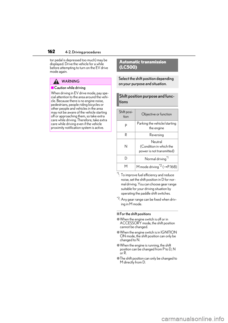 lexus LC500h 2021 Owners Manual / LEXUS 2021 LC500,LC500H OWNERS MANUAL (OM11559U) 1624-2. Driving procedures
tor pedal is depressed too much) may be
displayed. Drive the vehicle for a while
before attempting to turn on the EV drive
mode again.
*1: To improve fuel efficiency and lexus LC500h 2021 Owners Manual / LEXUS 2021 LC500,LC500H OWNERS MANUAL (OM11559U) 1624-2. Driving procedures
tor pedal is depressed too much) may be
displayed. Drive the vehicle for a while
before attempting to turn on the EV drive
mode again.
*1: To improve fuel efficiency and