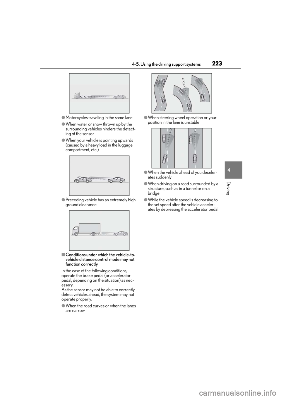 lexus LC500h 2021  Owners Manual / LEXUS 2021 LC500,LC500H OWNERS MANUAL (OM11559U) 2234-5. Using the driving support systems
4
Driving
●Motorcycles traveling in the same lane
●When water or snow thrown up by the 
surrounding vehicles hinders the detect-
ing of the sensor
●When