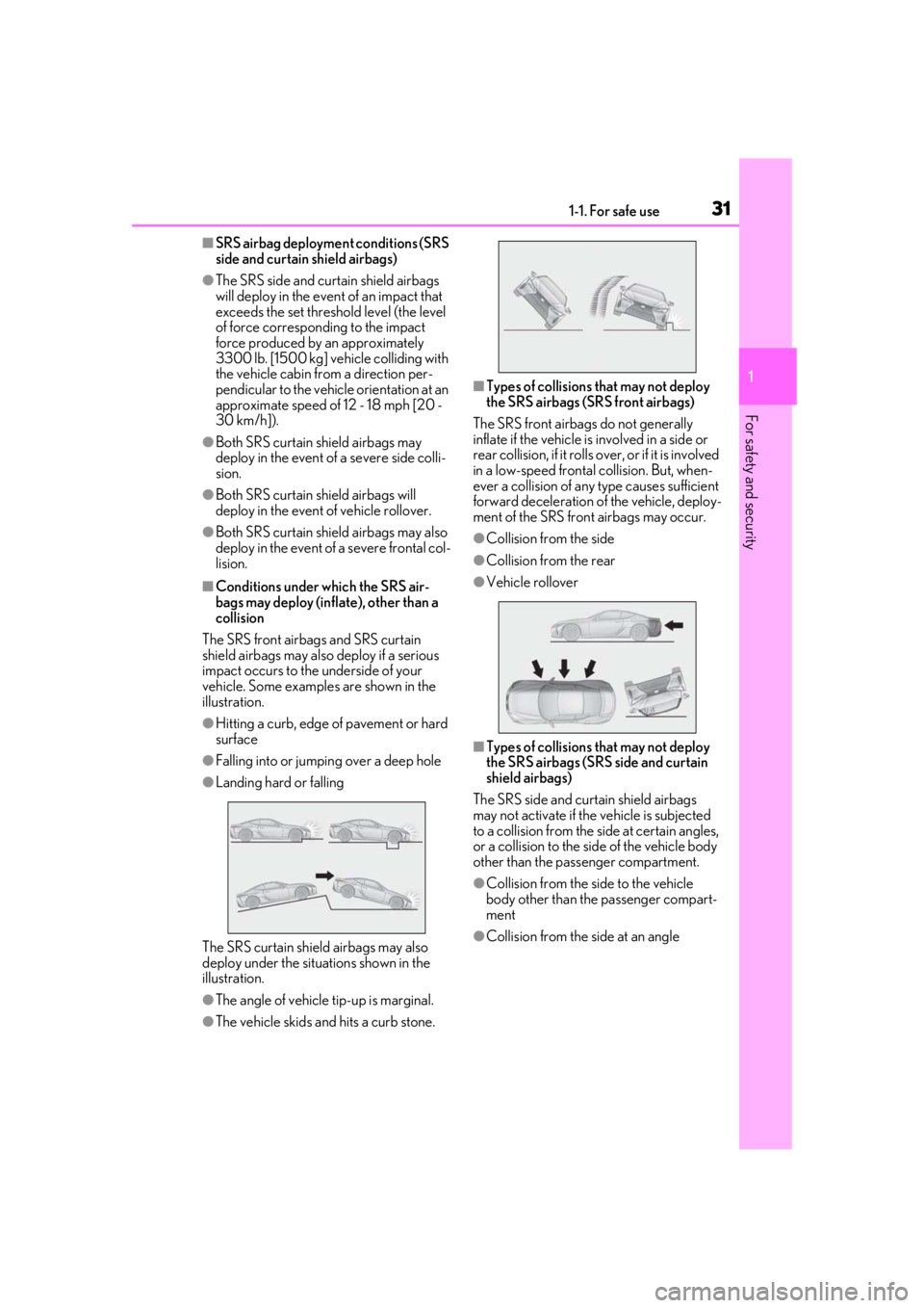 lexus LC500h 2021 / LEXUS 2021 LC500,LC500H (OM11559U) Owners Guide 311-1. For safe use
1
For safety and security
■SRS airbag deployment conditions (SRS
side and curtain shield airbags)
●The SRS side and curtain shield airbags
will deploy in the event of an impa lexus LC500h 2021 / LEXUS 2021 LC500,LC500H (OM11559U) Owners Guide 311-1. For safe use
1
For safety and security
■SRS airbag deployment conditions (SRS
side and curtain shield airbags)
●The SRS side and curtain shield airbags
will deploy in the event of an impa