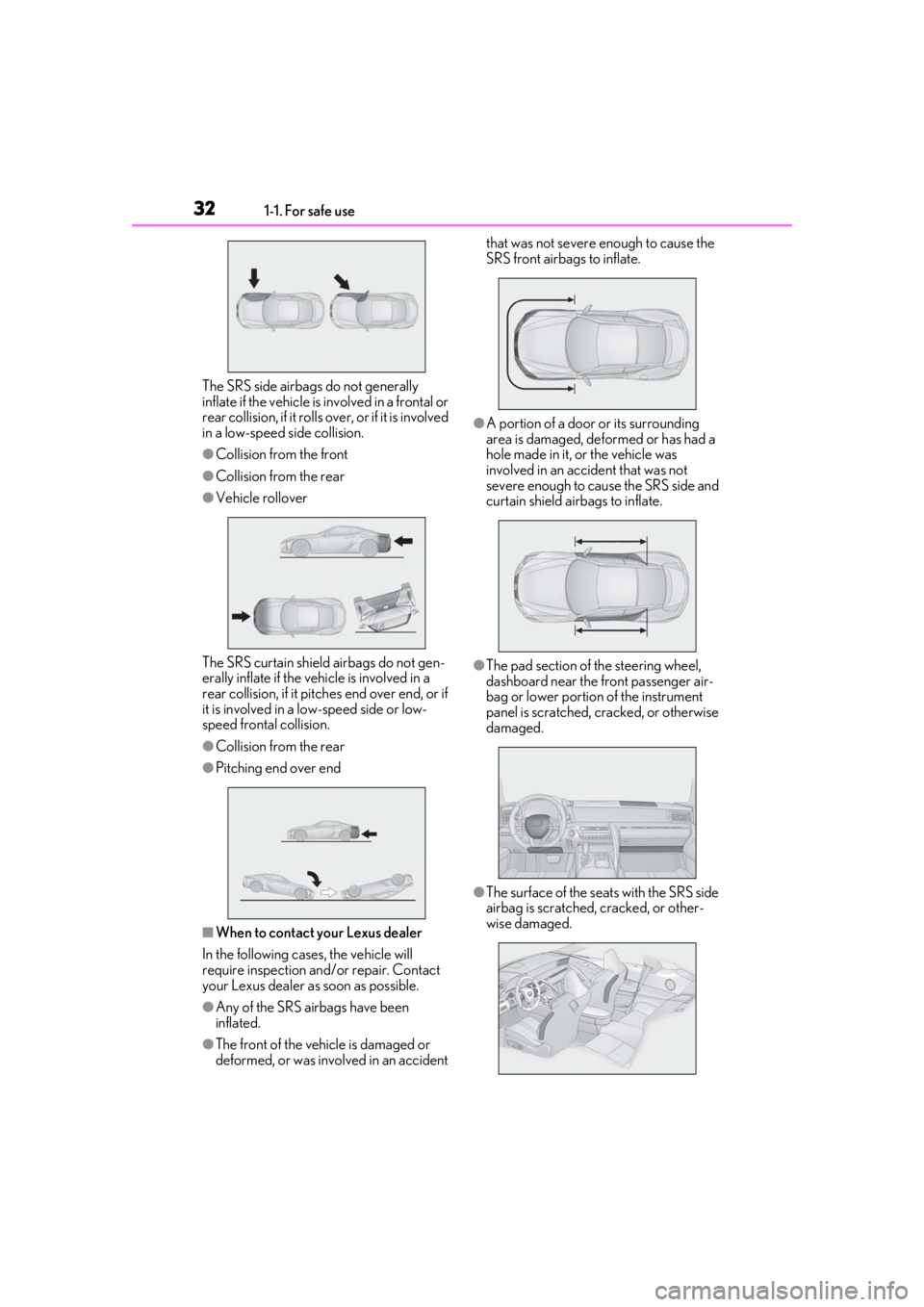 lexus LC500h 2021 / LEXUS 2021 LC500,LC500H (OM11559U) Owners Guide 321-1. For safe use
The SRS side airbags do not generally
inflate if the vehicle is involved in a frontal or
rear collision, if it rolls over, or if it is involved
in a low-speed side collision.
lexus LC500h 2021 / LEXUS 2021 LC500,LC500H (OM11559U) Owners Guide 321-1. For safe use
The SRS side airbags do not generally
inflate if the vehicle is involved in a frontal or
rear collision, if it rolls over, or if it is involved
in a low-speed side collision.