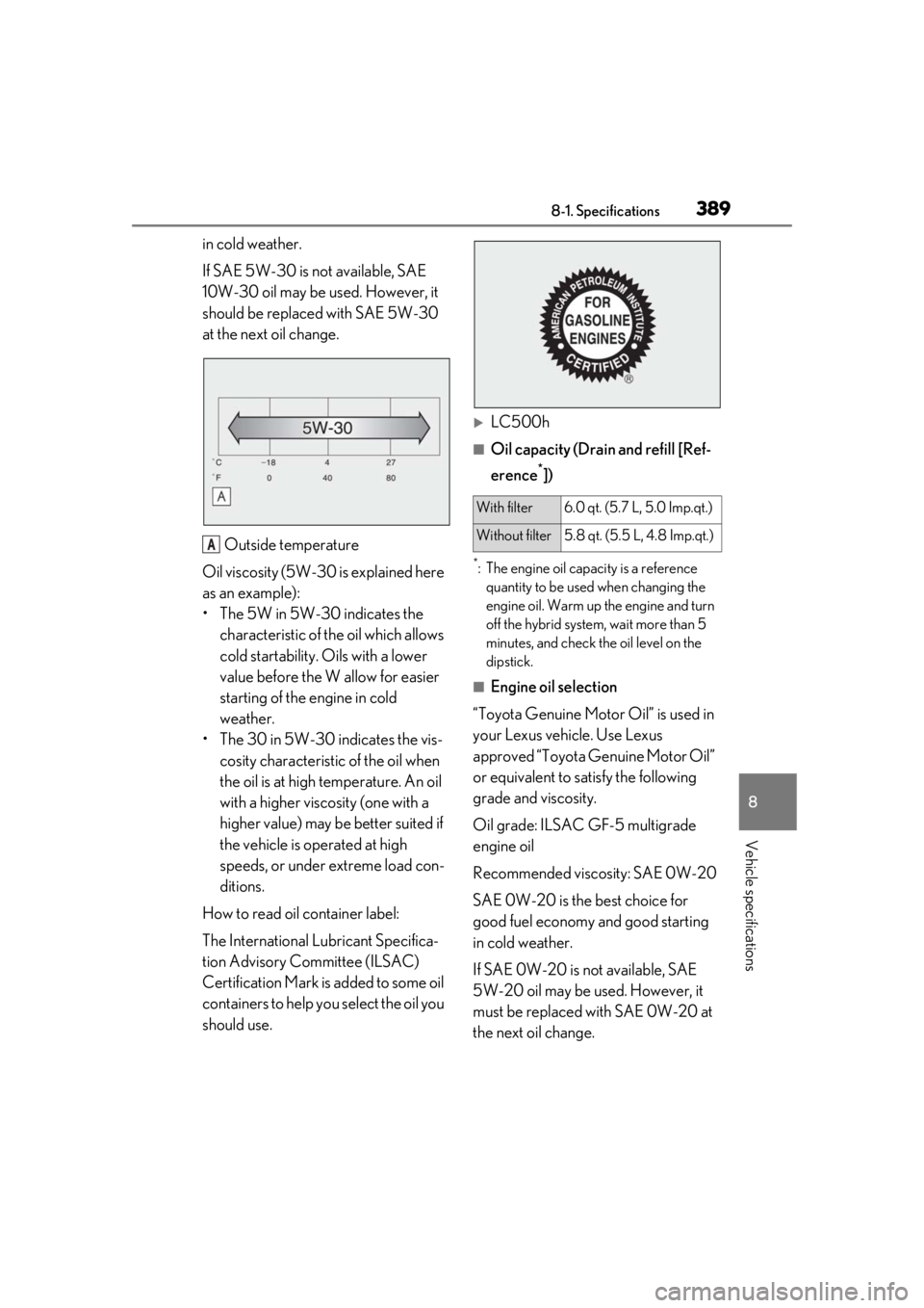 lexus LC500h 2021  Owners Manual / LEXUS 2021 LC500,LC500H OWNERS MANUAL (OM11559U) 3898-1. Specifications
8
Vehicle specifications
in cold weather.
If SAE 5W-30 is not available, SAE 
10W-30 oil may be used. However, it 
should be replaced with SAE 5W-30 
at the next oil change.Outs