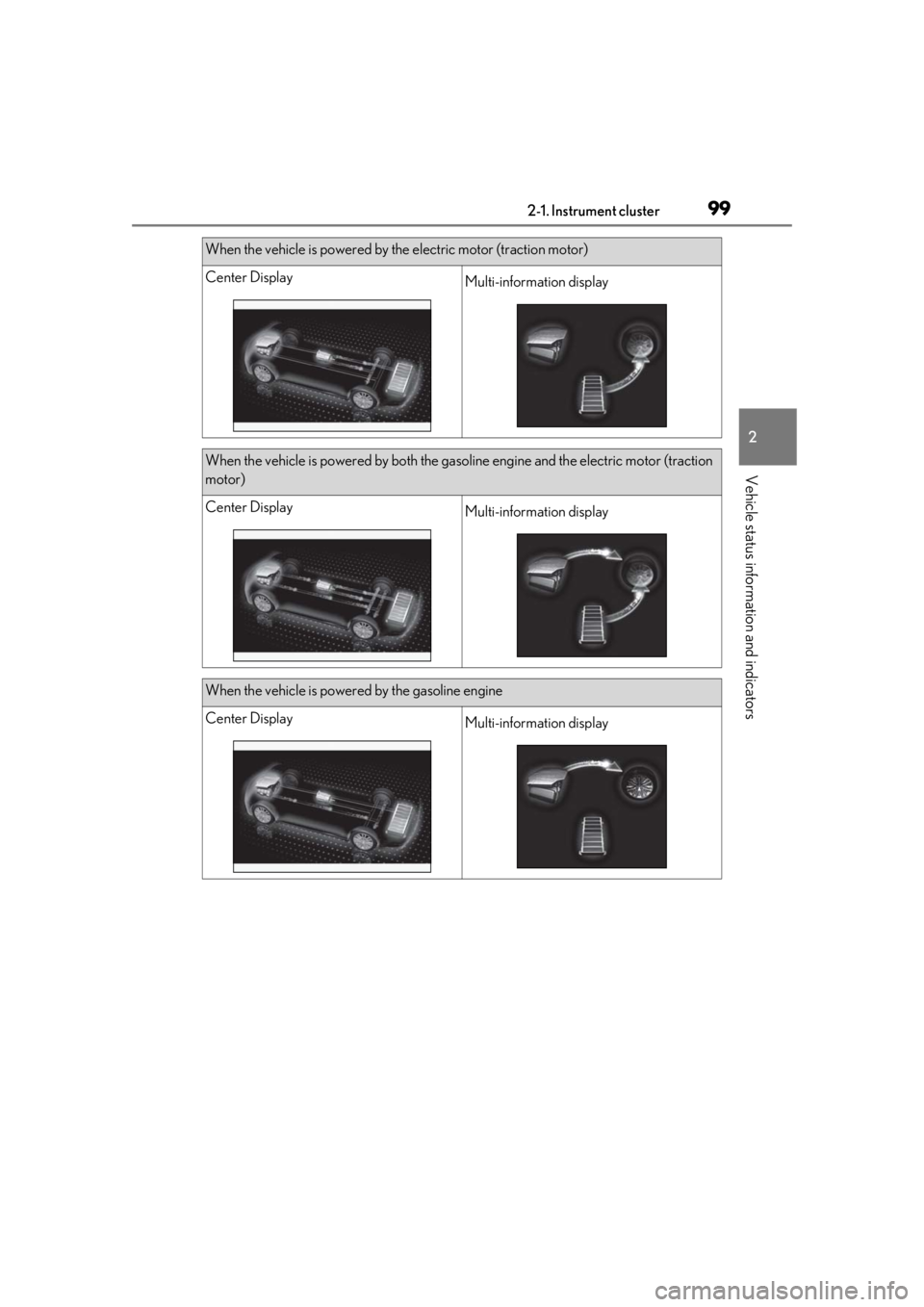lexus LC500h 2021 / LEXUS 2021 LC500,LC500H (OM11559U) Owners Manual 992-1. Instrument cluster
2
Vehicle status information and indicators
When the vehicle is powered by the electric motor (traction motor)
Center DisplayMulti-information display
When the vehicle is pow lexus LC500h 2021 / LEXUS 2021 LC500,LC500H (OM11559U) Owners Manual 992-1. Instrument cluster
2
Vehicle status information and indicators
When the vehicle is powered by the electric motor (traction motor)
Center DisplayMulti-information display
When the vehicle is pow