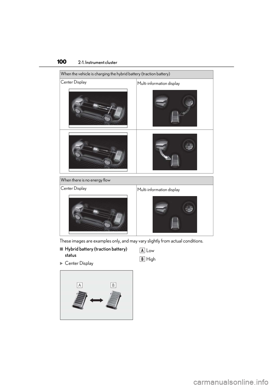 lexus LC500h 2021 / LEXUS 2021 LC500,LC500H (OM11559U) Owners Manual 1002-1. Instrument cluster
These images are examples only, and may vary slightly from actual conditions.
■Hybrid battery (traction battery)
status
Center Display Low
High
When the vehicle is cha lexus LC500h 2021 / LEXUS 2021 LC500,LC500H (OM11559U) Owners Manual 1002-1. Instrument cluster
These images are examples only, and may vary slightly from actual conditions.
■Hybrid battery (traction battery)
status
Center Display Low
High
When the vehicle is cha