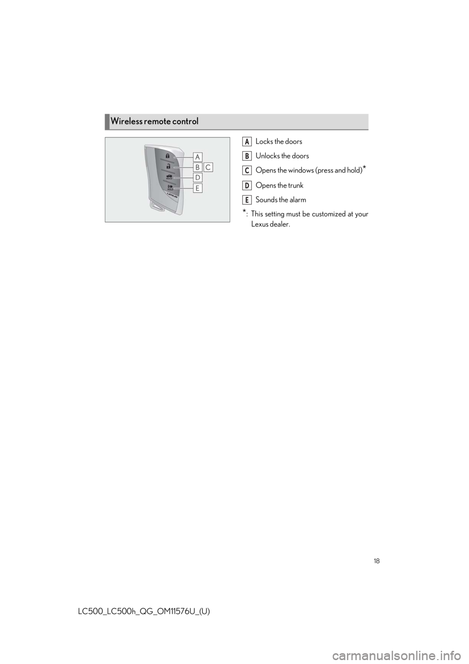 lexus LC500h 2021   / LEXUS 2021 LC500,LC500H  QUICK GUIDE (OM11576U) User Guide 18
LC500_LC500h_QG_OM11576U_(U)
Locks the doors
Unlocks the doors
Opens the windows (press and hold)
*
Opens the trunk
Sounds the alarm
*: This setting must be customized at your
Lexus dealer.
Wireles