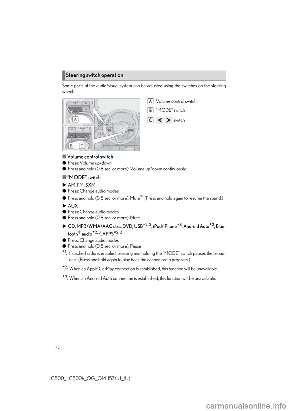 lexus LC500h 2021 Owners Manual / LEXUS 2021 LC500,LC500H OWNERS MANUAL QUICK GUIDE (OM11576U) 73
LC500_LC500h_QG_OM11576U_(U)
Some parts of the audio/visual system can be adjusted using the switches on the steering
wheel.
Volume control switch
“MODE” switch
switch
■Volume control switc lexus LC500h 2021 Owners Manual / LEXUS 2021 LC500,LC500H OWNERS MANUAL QUICK GUIDE (OM11576U) 73
LC500_LC500h_QG_OM11576U_(U)
Some parts of the audio/visual system can be adjusted using the switches on the steering
wheel.
Volume control switch
“MODE” switch
switch
■Volume control switc