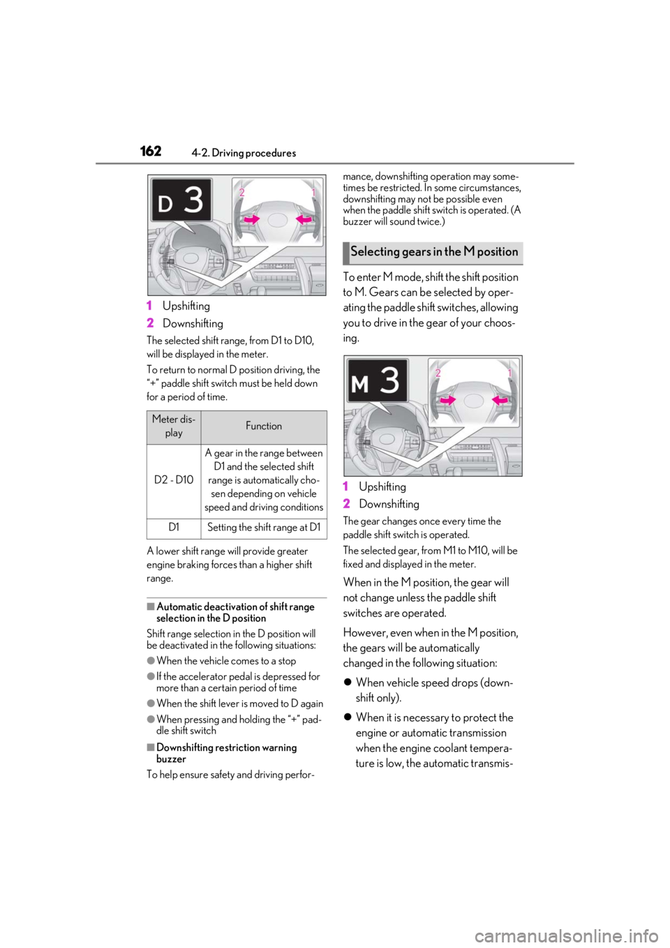 lexus LC500h 2020 Owners Manual / LEXUS 2020 LC500,LC500H OWNERS MANUAL (OM11537U) 1624-2. Driving procedures
1Upshifting
2 Downshifting
The selected shift rang e, from D1 to D10,
will be displaye d in the meter.
To return to normal D position driving, the
“+” paddle shift swi lexus LC500h 2020 Owners Manual / LEXUS 2020 LC500,LC500H OWNERS MANUAL (OM11537U) 1624-2. Driving procedures
1Upshifting
2 Downshifting
The selected shift rang e, from D1 to D10,
will be displaye d in the meter.
To return to normal D position driving, the
“+” paddle shift swi