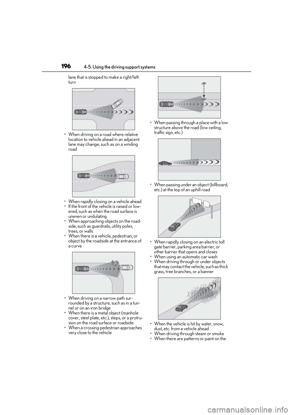 lexus LC500h 2020 Owners Manual / LEXUS 2020 LC500,LC500H OWNERS MANUAL (OM11537U) 1964-5. Using the driving support systems
lane that is stopped to make a right/left
turn
• When driving on a road where relative location to vehicle ahead in an adjacent
lane may change, such as lexus LC500h 2020 Owners Manual / LEXUS 2020 LC500,LC500H OWNERS MANUAL (OM11537U) 1964-5. Using the driving support systems
lane that is stopped to make a right/left
turn
• When driving on a road where relative location to vehicle ahead in an adjacent
lane may change, such as