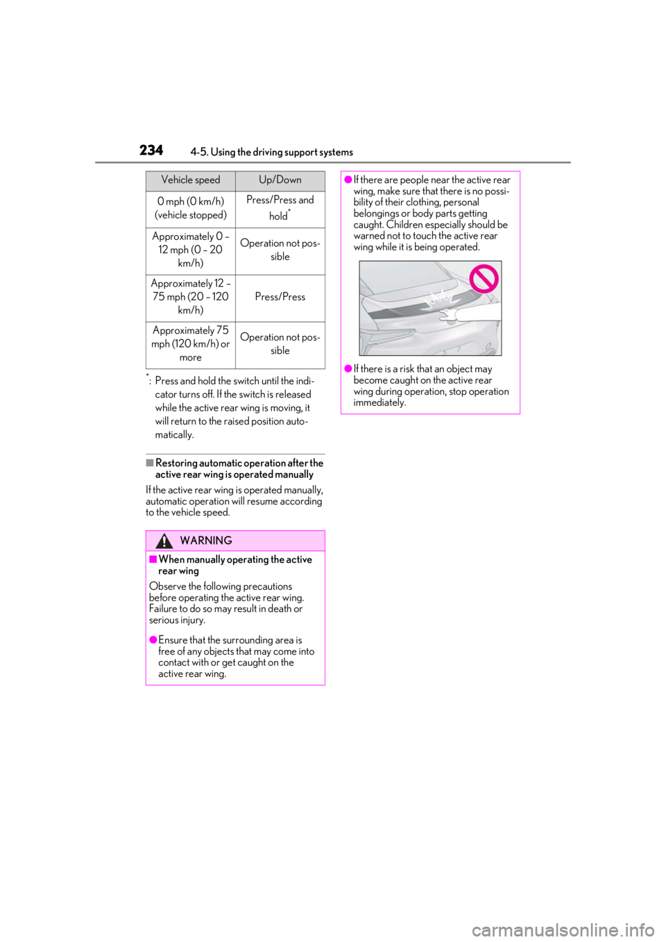 lexus LC500h 2020 Owners Manual / LEXUS 2020 LC500,LC500H OWNERS MANUAL (OM11537U) 2344-5. Using the driving support systems
*: Press and hold the switch until the indi-
cator turns off. If the switch is released
while the active rear wing is moving, it
will return to the raised p lexus LC500h 2020 Owners Manual / LEXUS 2020 LC500,LC500H OWNERS MANUAL (OM11537U) 2344-5. Using the driving support systems
*: Press and hold the switch until the indi-
cator turns off. If the switch is released
while the active rear wing is moving, it
will return to the raised p