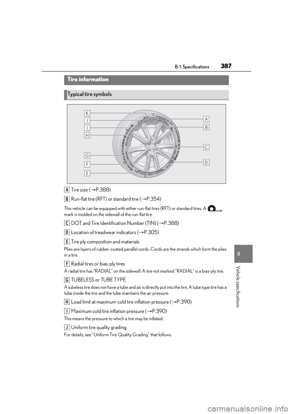 lexus LC500h 2020 Owners Manual / LEXUS 2020 LC500,LC500H OWNERS MANUAL (OM11537U) 3878-1. Specifications
8
Vehicle specifications
Tire size (P.388)
Run-flat tire (RFT) or standard tire ( P.354)
This vehicle can be equipped with either run-flat tires (RFT) or standard tires. A lexus LC500h 2020 Owners Manual / LEXUS 2020 LC500,LC500H OWNERS MANUAL (OM11537U) 3878-1. Specifications
8
Vehicle specifications
Tire size (P.388)
Run-flat tire (RFT) or standard tire ( P.354)
This vehicle can be equipped with either run-flat tires (RFT) or standard tires. A