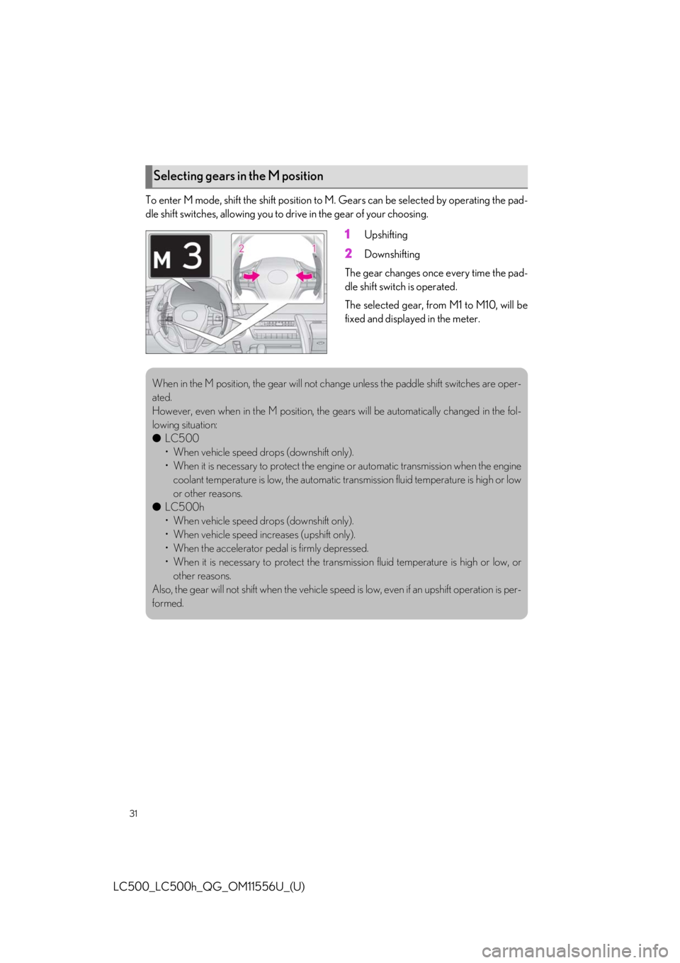 lexus LC500h 2020 Owners Manual / LEXUS 2020 LC500,LC500H OWNERS MANUAL QUICK GUIDE (OM11556U) 31
LC500_LC500h_QG_OM11556U_(U)
To enter M mode, shift the shift position to M. Gears can be selected by operating the pad-
dle shift switches, allowing you to drive in the gear of your choosing.
1Ups lexus LC500h 2020 Owners Manual / LEXUS 2020 LC500,LC500H OWNERS MANUAL QUICK GUIDE (OM11556U) 31
LC500_LC500h_QG_OM11556U_(U)
To enter M mode, shift the shift position to M. Gears can be selected by operating the pad-
dle shift switches, allowing you to drive in the gear of your choosing.
1Ups