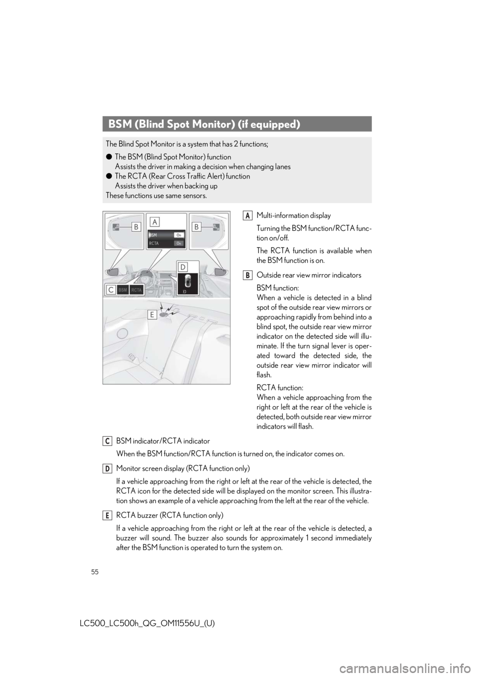 lexus LC500h 2020  Owners Manual / LEXUS 2020 LC500,LC500H OWNERS MANUAL QUICK GUIDE (OM11556U) 55
LC500_LC500h_QG_OM11556U_(U)
Multi-information display
Turning the BSM function/RCTA func-
tion on/off.
The RCTA function is available when
the BSM function is on.
Outside rear view mirror indicato