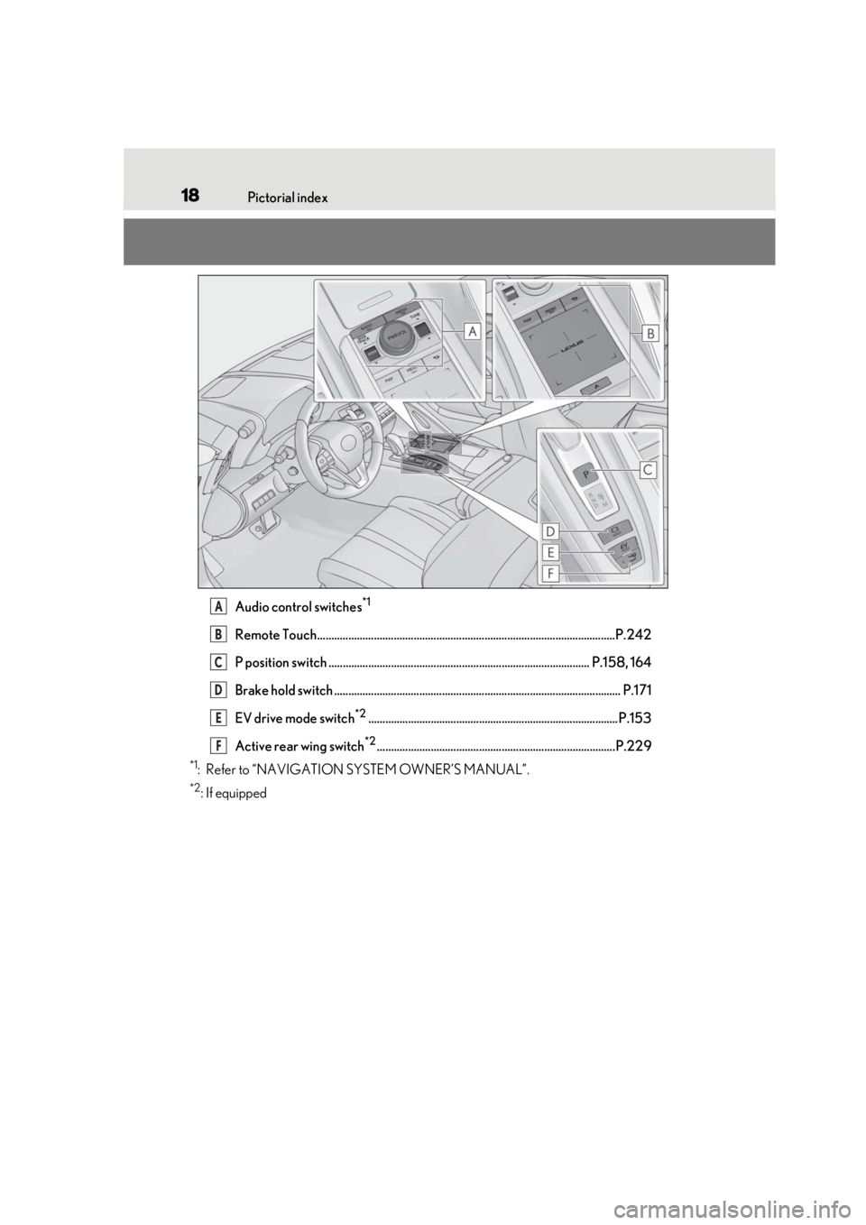 lexus LC500h 2019   / LEXUS 2019 LC 500,LC 500H  (OM11471U) User Guide 18Pictorial index
Audio control switches*1
Remote Touch.........................................................................................................P.242
P position switch ................