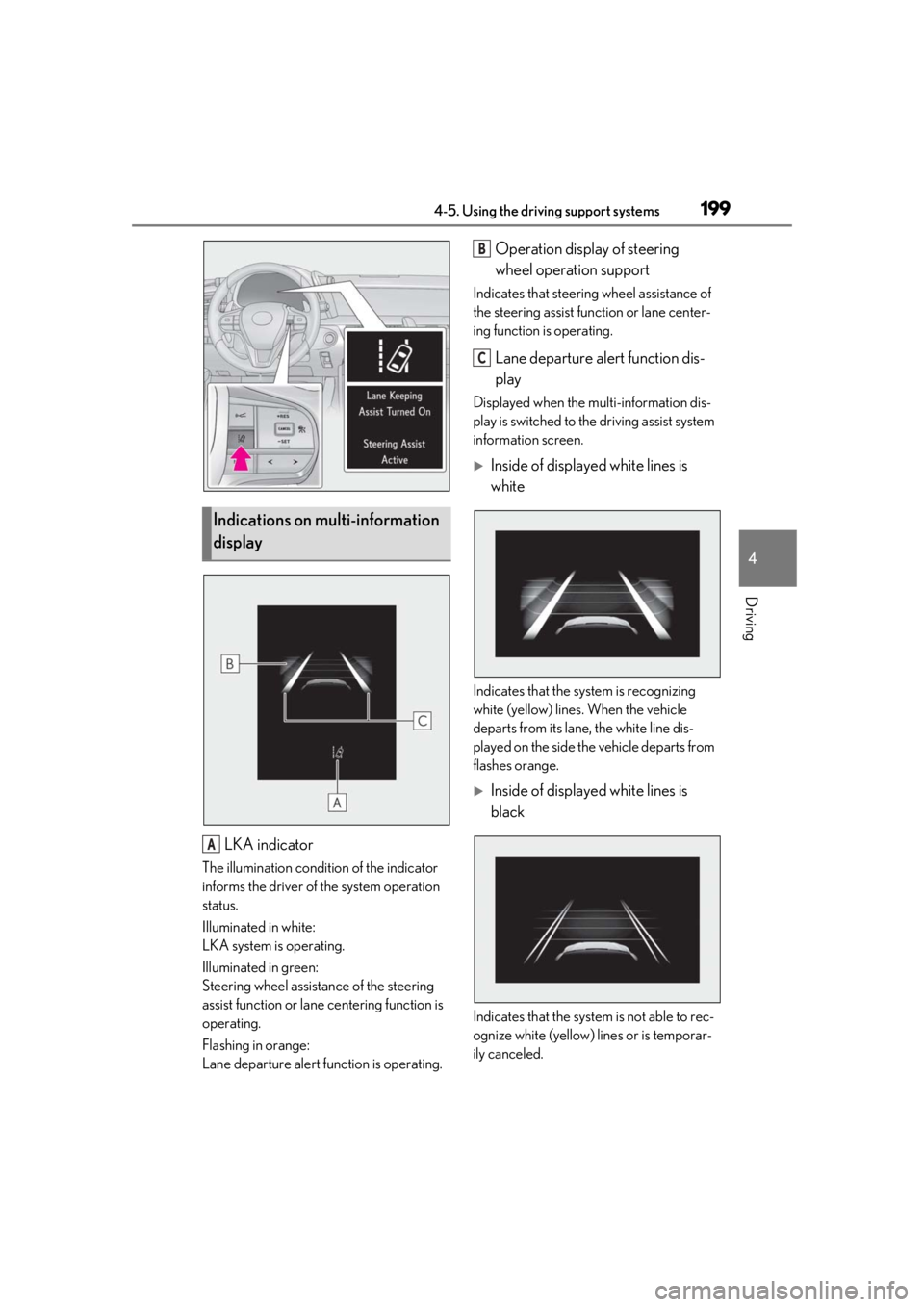 lexus LC500h 2019 Owners Manual / LEXUS 2019 LC 500,LC 500H OWNERS MANUAL (OM11471U) 1994-5. Using the driving support systems
4
Driving
LKA indicator
The illumination condition of the indicator
informs the driver of the system operation
status.
Illuminated in white:
LKA system is lexus LC500h 2019 Owners Manual / LEXUS 2019 LC 500,LC 500H OWNERS MANUAL (OM11471U) 1994-5. Using the driving support systems
4
Driving
LKA indicator
The illumination condition of the indicator
informs the driver of the system operation
status.
Illuminated in white:
LKA system is