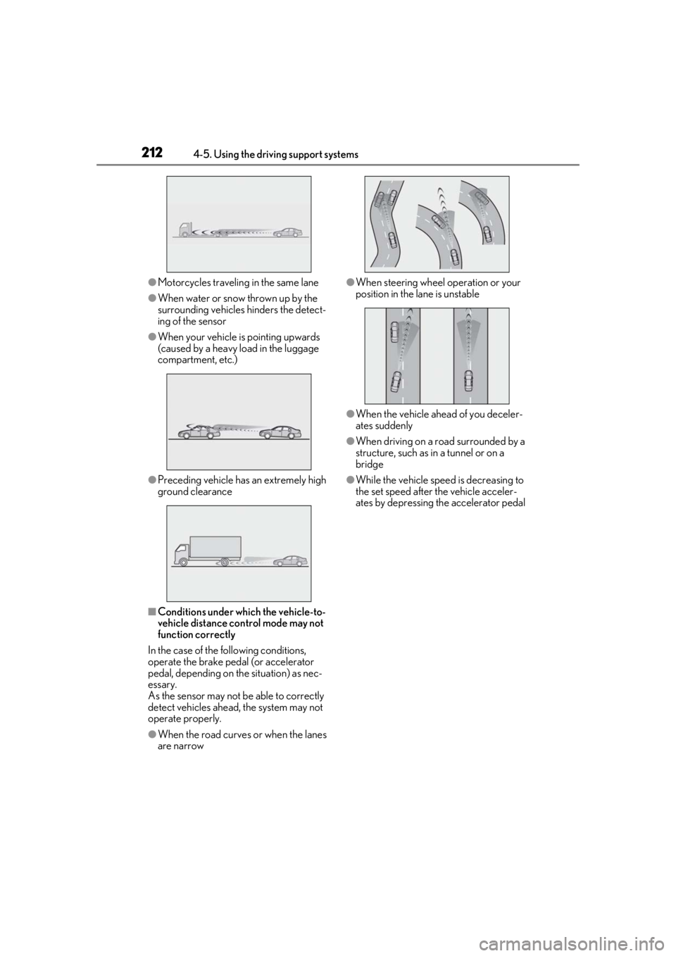 lexus LC500h 2019  Owners Manual / LEXUS 2019 LC 500,LC 500H OWNERS MANUAL (OM11471U) 2124-5. Using the driving support systems
●Motorcycles traveling in the same lane
●When water or snow thrown up by the 
surrounding vehicles hinders the detect-
ing of the sensor
●When your vehi