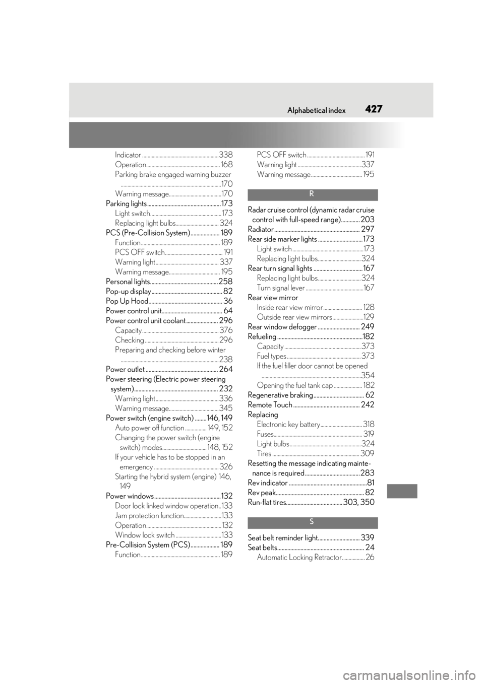 lexus LC500h 2019  Owners Manual / LEXUS 2019 LC 500,LC 500H OWNERS MANUAL (OM11471U) Alphabetical index427
Indicator .........................................................338
Operation....................................................... 168
Parking brake engaged warning buzzer..