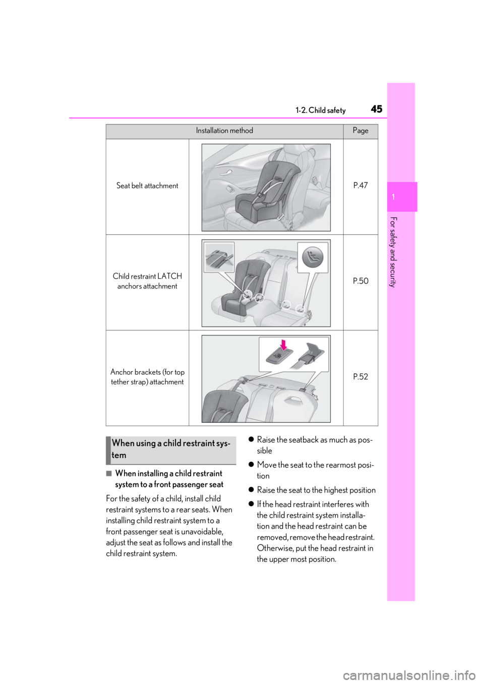 lexus LC500h 2019 / LEXUS 2019 LC 500,LC 500H (OM11471U) Service Manual 451-2. Child safety
1
For safety and security
■When installing a child restraint
system to a front passenger seat
For the safety of a child, install child
restraint systems to a rear seats. When
lexus LC500h 2019 / LEXUS 2019 LC 500,LC 500H (OM11471U) Service Manual 451-2. Child safety
1
For safety and security
■When installing a child restraint
system to a front passenger seat
For the safety of a child, install child
restraint systems to a rear seats. When