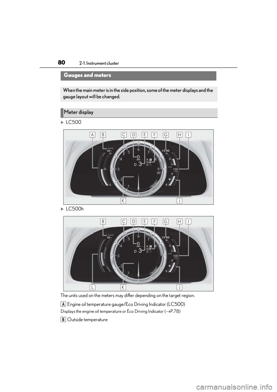 lexus LC500h 2019 Owners Manual / LEXUS 2019 LC 500,LC 500H OWNERS MANUAL (OM11471U) 802-1. Instrument cluster
LC500
LC500h
The units used on the meters may diff er depending on the target region.
Engine oil temperature gauge/Eco Driving Indicator (LC500)
Displays the engine oil lexus LC500h 2019 Owners Manual / LEXUS 2019 LC 500,LC 500H OWNERS MANUAL (OM11471U) 802-1. Instrument cluster
LC500
LC500h
The units used on the meters may diff er depending on the target region.
Engine oil temperature gauge/Eco Driving Indicator (LC500)
Displays the engine oil