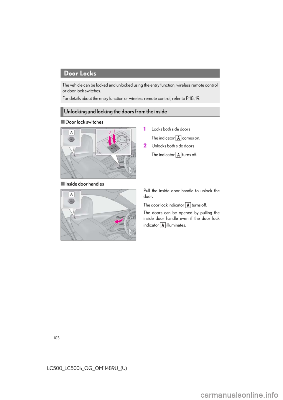 lexus LC500h 2019  Owners Manual / LEXUS 2019 LC 500,LC 500H OWNERS MANUAL QUICK GUIDE (OM11489U) 103
LC500_LC500h_QG_OM11489U_(U)
■Door lock switches1
Locks both side doors
The indicator   comes on.
2Unlocks both side doors
The indicator   turns off.
■Inside door handles
Pull the inside door 