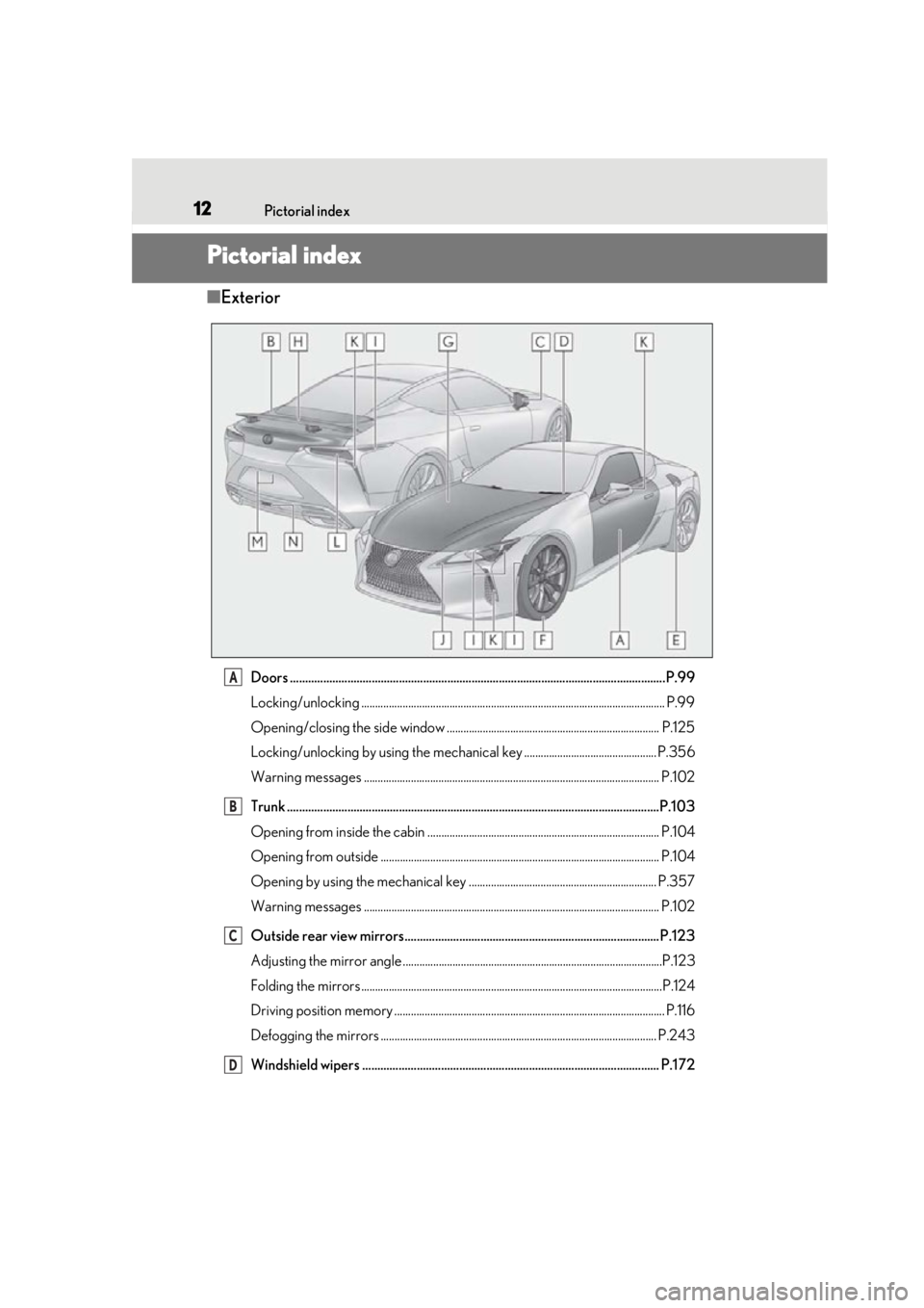 lexus LC500h 2018   / LEXUS 2018 LC500,LC500H  (OM11405U) User Guide 12Pictorial index
Pictorial index
■Exterior
Doors .......................................................................................................................... ..P.99
Locking/unlocking 