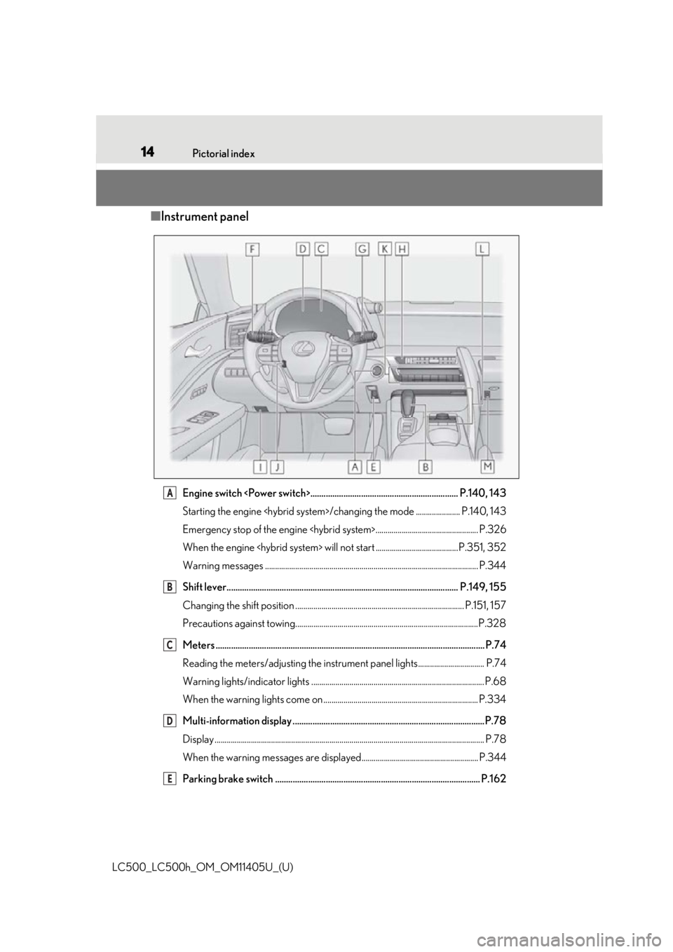 lexus LC500h 2018   / LEXUS 2018 LC500,LC500H  (OM11405U) User Guide 14Pictorial index
LC500_LC500h_OM_OM11405U_(U)
■ Instrument panel
Engine switch <Power switch>................................................................... P.140, 143
Starting the engine <hybr