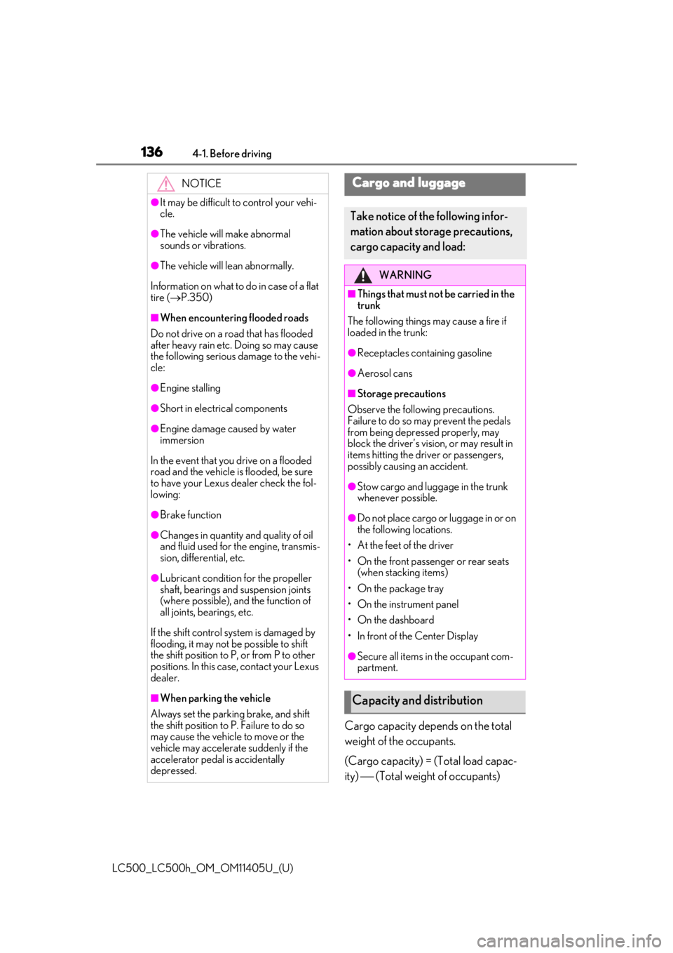 lexus LC500h 2018   / LEXUS 2018 LC500,LC500H  (OM11405U) Owners Guide 1364-1. Before driving
LC500_LC500h_OM_OM11405U_(U)
Cargo capacity depends on the total 
weight of the occupants.
(Cargo capacity) = (Total load capac-
ity)  (Total weight of occupants)
NOTICE
●I