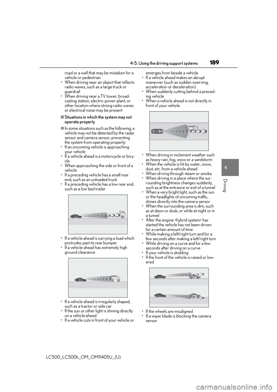 lexus LC500h 2018 Owners Manual / LEXUS 2018 LC500,LC500H OWNERS MANUAL (OM11405U) 1894-5. Using the driving support systems
LC500_LC500h_OM_OM11405U_(U)
4
Driving
road or a wall that may be mistaken for a
vehicle or pedestrian
• When driving near an object that reflects
radio lexus LC500h 2018 Owners Manual / LEXUS 2018 LC500,LC500H OWNERS MANUAL (OM11405U) 1894-5. Using the driving support systems
LC500_LC500h_OM_OM11405U_(U)
4
Driving
road or a wall that may be mistaken for a
vehicle or pedestrian
• When driving near an object that reflects
radio