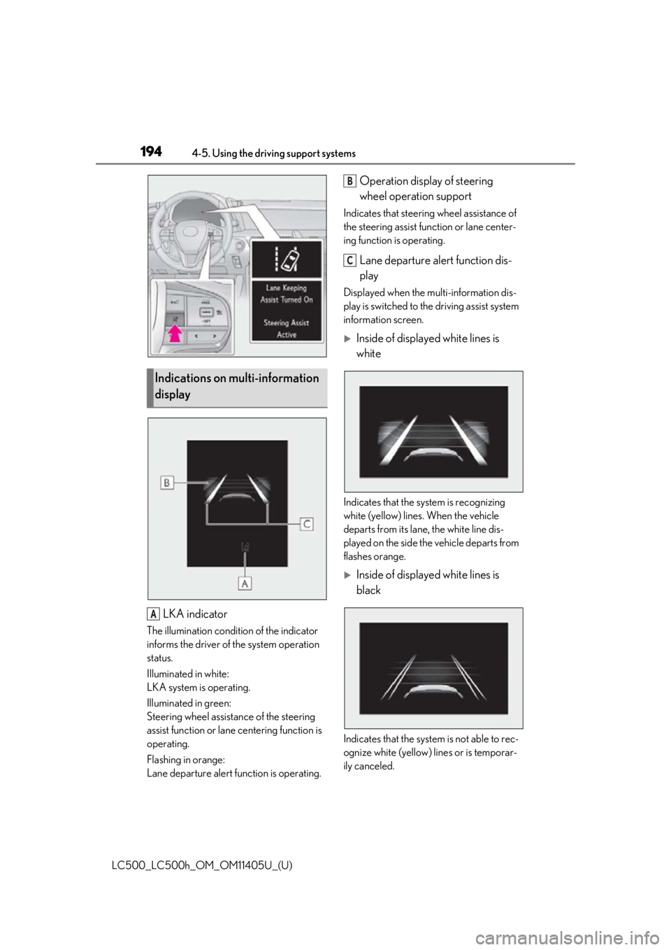 lexus LC500h 2018 Owners Manual / LEXUS 2018 LC500,LC500H OWNERS MANUAL (OM11405U) 1944-5. Using the driving support systems
LC500_LC500h_OM_OM11405U_(U)
LKA indicator
The illumination condition of the indicator
informs the driver of the system operation
status.
Illuminated in whi lexus LC500h 2018 Owners Manual / LEXUS 2018 LC500,LC500H OWNERS MANUAL (OM11405U) 1944-5. Using the driving support systems
LC500_LC500h_OM_OM11405U_(U)
LKA indicator
The illumination condition of the indicator
informs the driver of the system operation
status.
Illuminated in whi