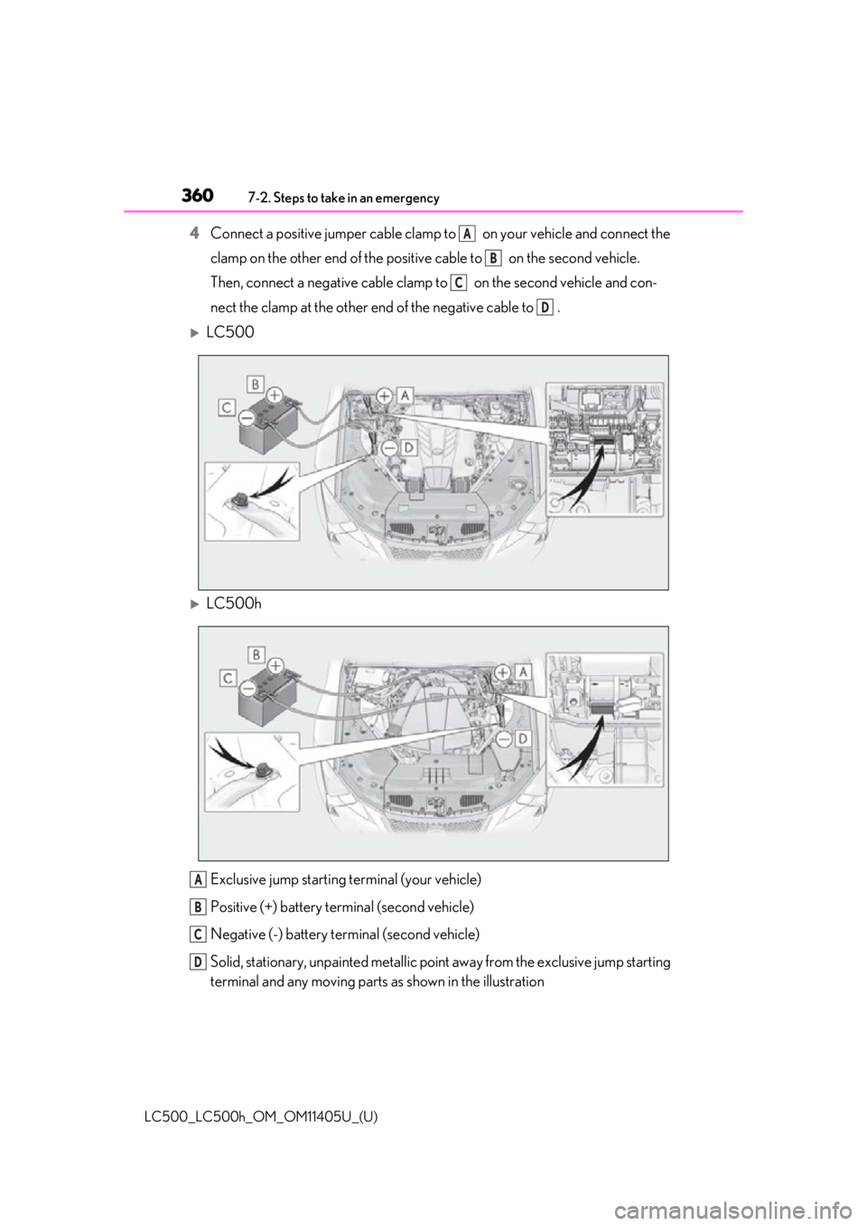 lexus LC500h 2018  Owners Manual / LEXUS 2018 LC500,LC500H OWNERS MANUAL (OM11405U) 3607-2. Steps to take in an emergency
LC500_LC500h_OM_OM11405U_(U)
4Connect a positive jumper cable clamp to   on your vehicle and connect the 
clamp on the other end of the positive  cable to   on th