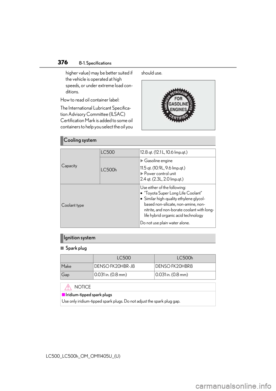 lexus LC500h 2018 Owners Manual / LEXUS 2018 LC500,LC500H OWNERS MANUAL (OM11405U) 3768-1. Specifications
LC500_LC500h_OM_OM11405U_(U)
higher value) may be better suited if
the vehicle is operated at high
speeds, or under extreme load con-
ditions.
How to read oil container label: lexus LC500h 2018 Owners Manual / LEXUS 2018 LC500,LC500H OWNERS MANUAL (OM11405U) 3768-1. Specifications
LC500_LC500h_OM_OM11405U_(U)
higher value) may be better suited if
the vehicle is operated at high
speeds, or under extreme load con-
ditions.
How to read oil container label: