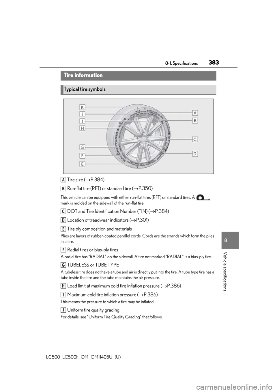 lexus LC500h 2018 Owners Manual / LEXUS 2018 LC500,LC500H OWNERS MANUAL (OM11405U) 3838-1. Specifications
LC500_LC500h_OM_OM11405U_(U)
8
Vehicle specifications
Tire size ( P.384)
Run-flat tire (RFT) or standard tire ( P.350)
This vehicle can be equipped with either run-flat ti lexus LC500h 2018 Owners Manual / LEXUS 2018 LC500,LC500H OWNERS MANUAL (OM11405U) 3838-1. Specifications
LC500_LC500h_OM_OM11405U_(U)
8
Vehicle specifications
Tire size ( P.384)
Run-flat tire (RFT) or standard tire ( P.350)
This vehicle can be equipped with either run-flat ti