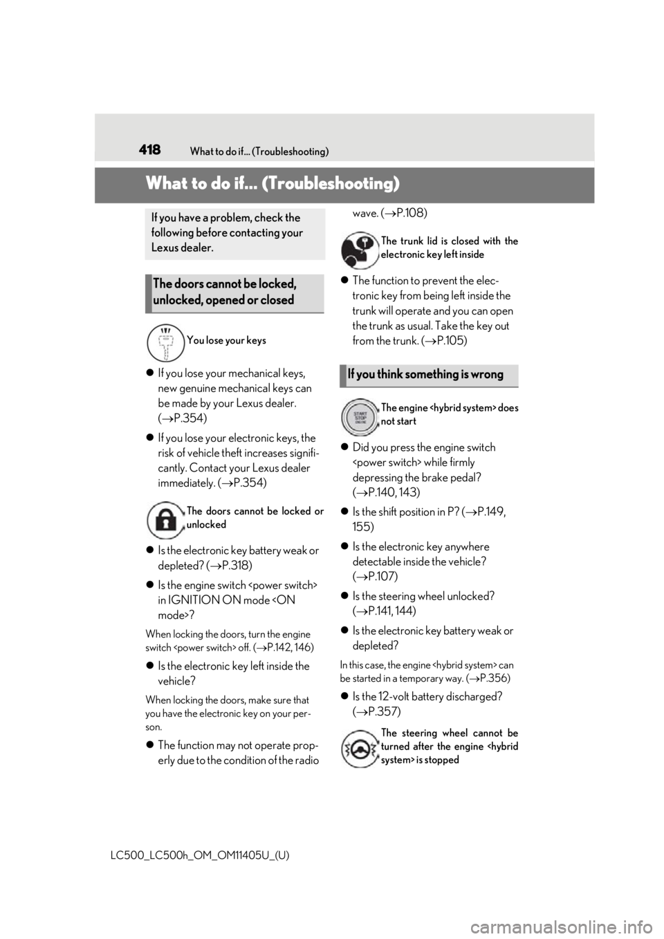 lexus LC500h 2018   / LEXUS 2018 LC500,LC500H  (OM11405U) Repair Manual 418What to do if... (Troubleshooting)
LC500_LC500h_OM_OM11405U_(U)
1-1.What to do if... (Troubleshooting)What to do if... (Troubleshooting)
 If you lose your mechanical keys, 
new genuine mechanica