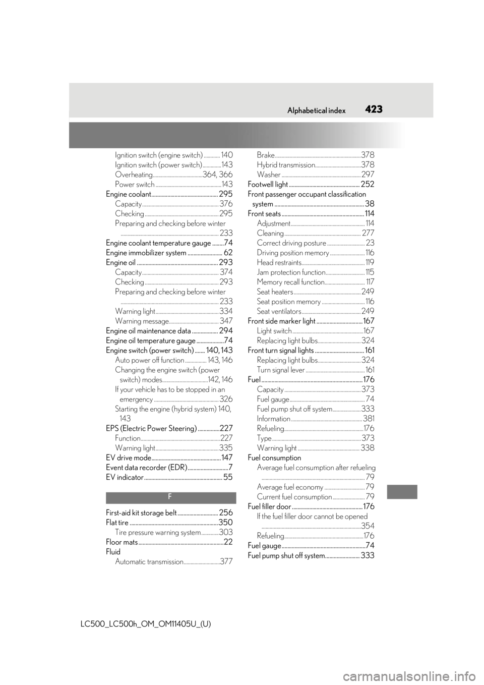 lexus LC500h 2018  Owners Manual / LEXUS 2018 LC500,LC500H OWNERS MANUAL (OM11405U) 423What to do if... (Troubleshooting)
LC500_LC500h_OM_OM11405U_(U)Alphabetical index423
Ignition switch (engine switch) ............ 140
Ignition switch (power switch) ..............143
Overheating...