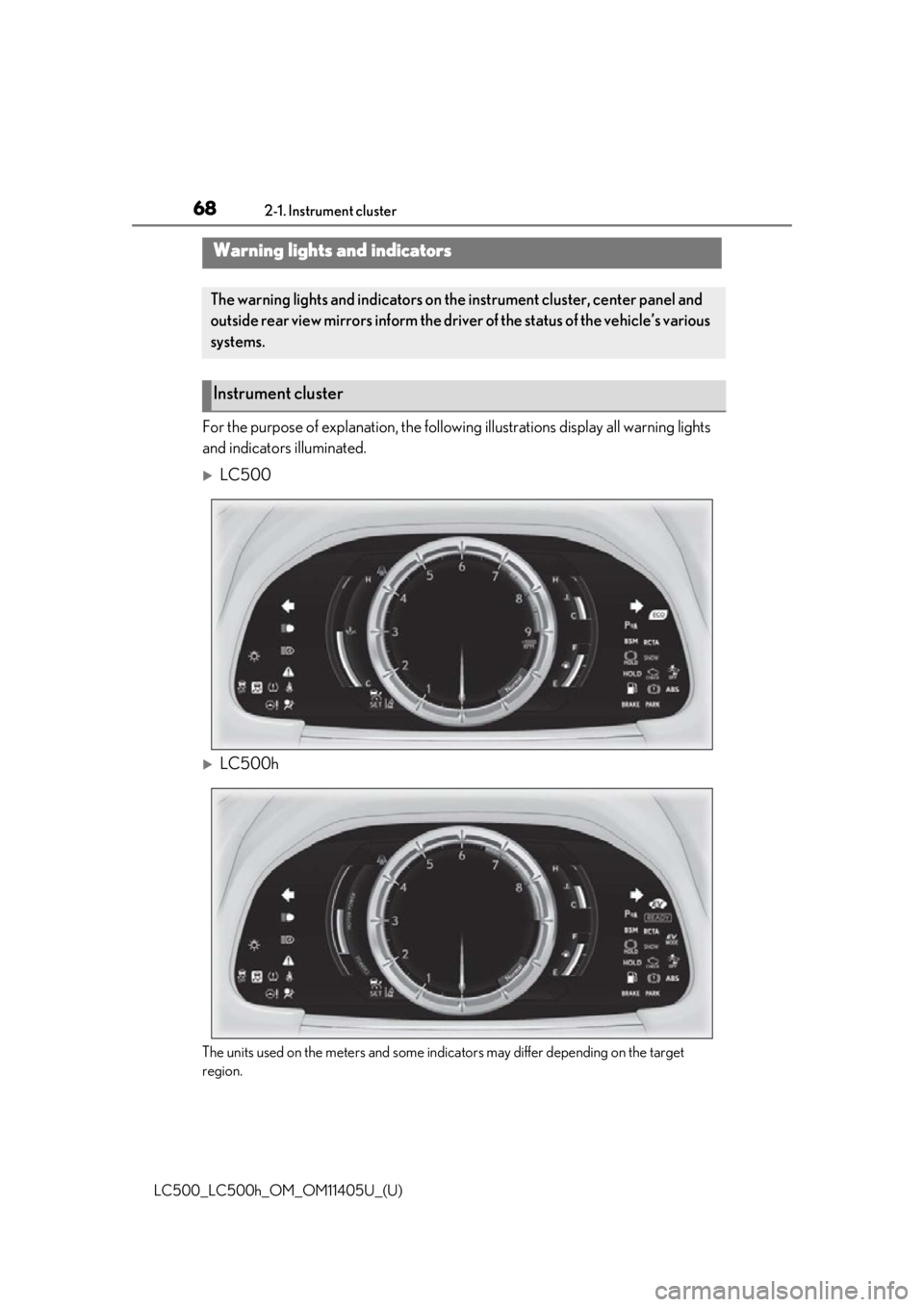 lexus LC500h 2018 / LEXUS 2018 LC500,LC500H (OM11405U) Repair Manual 682-1. Instrument cluster
LC500_LC500h_OM_OM11405U_(U)
2-1.Instrument cluster
For the purpose of explanation, the following illustrations display all warning lights
and indicators illuminated.
LC5 lexus LC500h 2018 / LEXUS 2018 LC500,LC500H (OM11405U) Repair Manual 682-1. Instrument cluster
LC500_LC500h_OM_OM11405U_(U)
2-1.Instrument cluster
For the purpose of explanation, the following illustrations display all warning lights
and indicators illuminated.
LC5