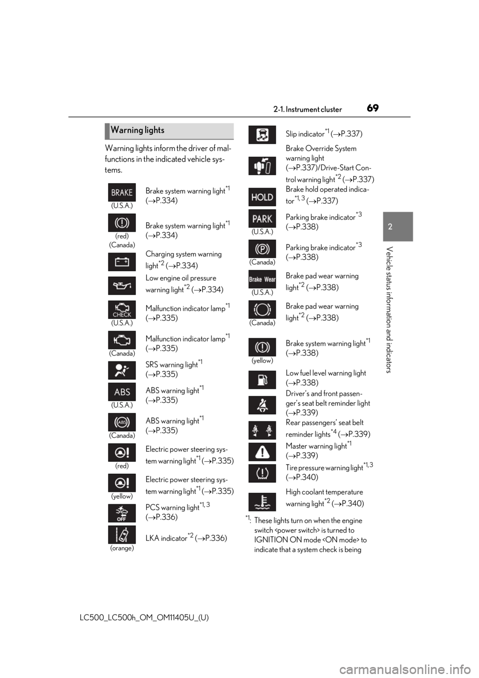 lexus LC500h 2018  Owners Manual / LEXUS 2018 LC500,LC500H OWNERS MANUAL (OM11405U) 692-1. Instrument cluster
LC500_LC500h_OM_OM11405U_(U)
2
Vehicle status information and indicators
Warning lights inform the driver of mal-
functions in the indicated vehicle sys-
tems.
*1: These ligh