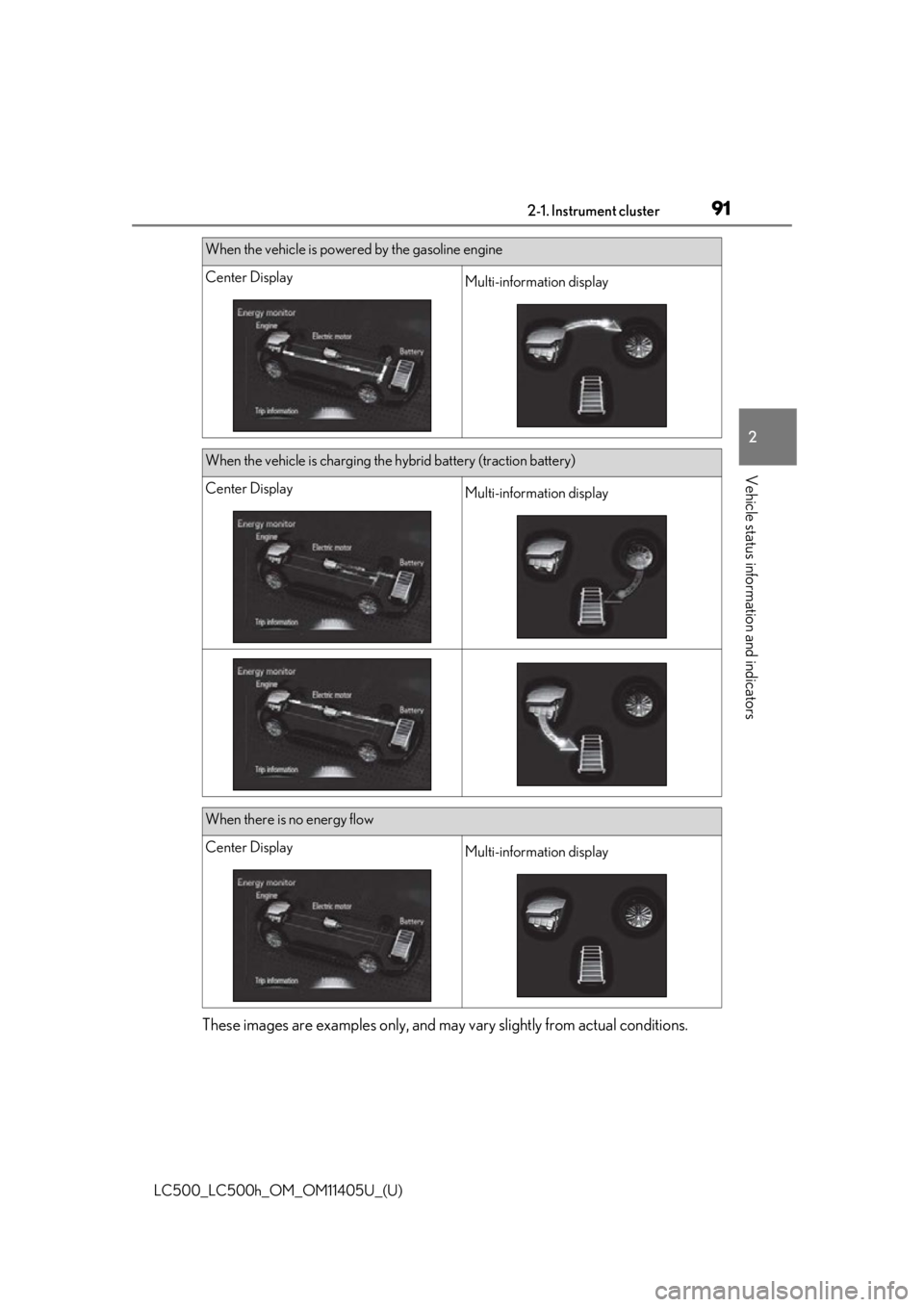 lexus LC500h 2018 / LEXUS 2018 LC500,LC500H (OM11405U) Owners Manual 912-1. Instrument cluster
LC500_LC500h_OM_OM11405U_(U)
2
Vehicle status information and indicators
These images are examples only, and may vary slightly from actual conditions.
When the vehicle is po lexus LC500h 2018 / LEXUS 2018 LC500,LC500H (OM11405U) Owners Manual 912-1. Instrument cluster
LC500_LC500h_OM_OM11405U_(U)
2
Vehicle status information and indicators
These images are examples only, and may vary slightly from actual conditions.
When the vehicle is po