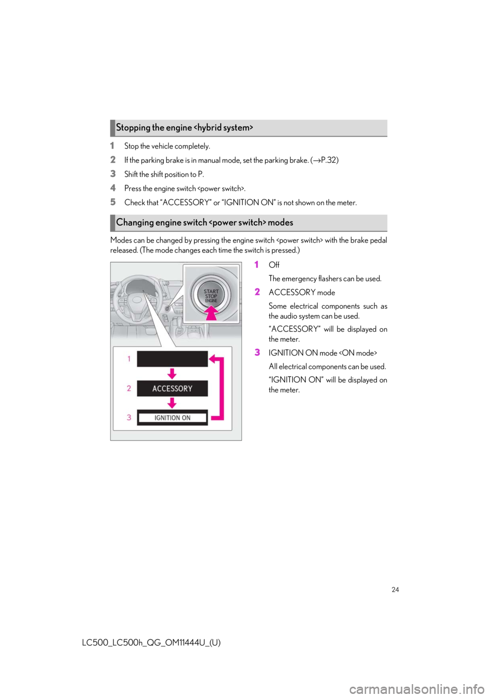 lexus LC500h 2018   / LEXUS 2018 LC500, LC500H  QUICK GUIDE (OM11444U) Owners Guide 24
LC500_LC500h_QG_OM11444U_(U)
1Stop the vehicle completely.
2If the parking brake is in manual mode, set the parking brake. (→P.32)
3Shift the shift position to P.
4Press the engine swit ch <power