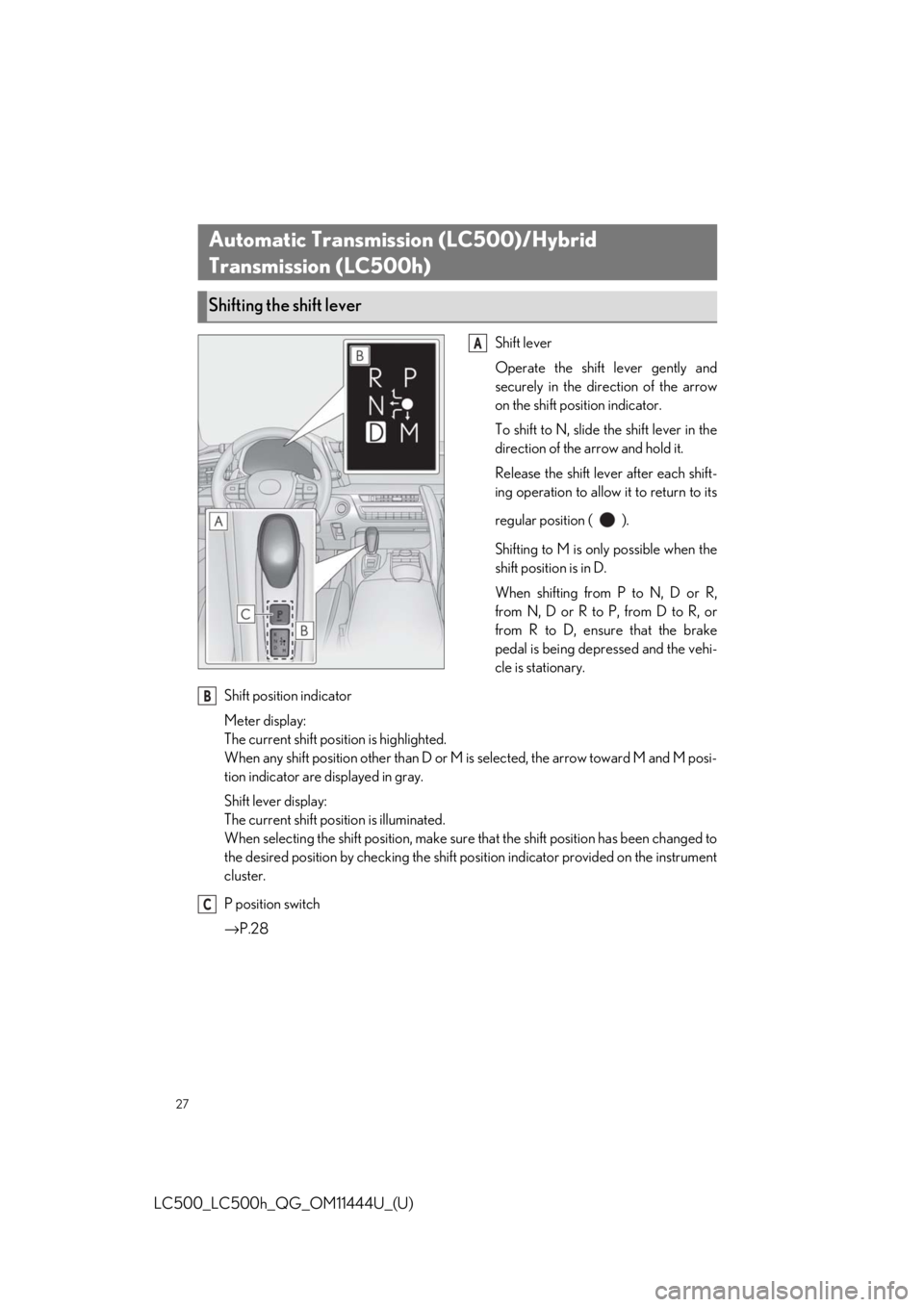 lexus LC500h 2018  Owners Manual / LEXUS 2018 LC500, LC500H OWNERS MANUAL QUICK GUIDE (OM11444U) 27
LC500_LC500h_QG_OM11444U_(U)
Shift lever
Operate the shift lever gently and
securely in the direction of the arrow
on the shift position indicator.
To shift to N, slide the shift lever in the
direc