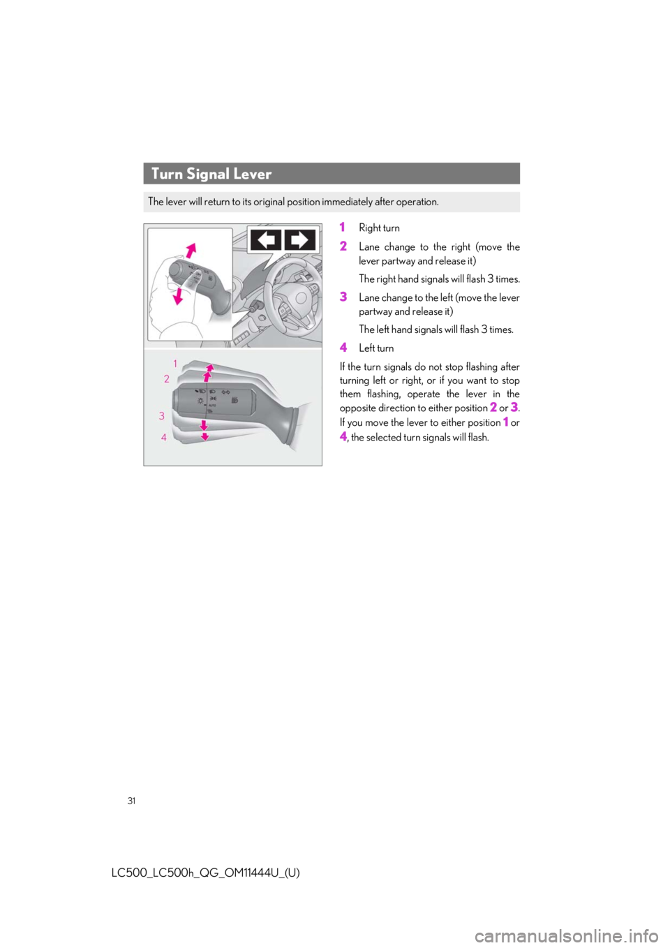 lexus LC500h 2018   / LEXUS 2018 LC500, LC500H  QUICK GUIDE (OM11444U) Owners Guide 31
LC500_LC500h_QG_OM11444U_(U)
1Right turn
2Lane change to the right (move the
lever partway and release it)
The right hand signal s will flash 3 times.
3Lane change to the left (move the lever
partw