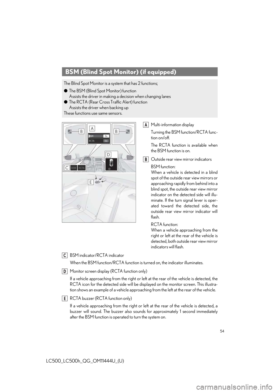 lexus LC500h 2018 / LEXUS 2018 LC500, LC500H QUICK GUIDE (OM11444U) Workshop Manual 54
LC500_LC500h_QG_OM11444U_(U)
Multi-information display
Turning the BSM function/RCTA func-
tion on/off.
The RCTA function is available when
the BSM function is on.
Outside rear view mirror indicato lexus LC500h 2018 / LEXUS 2018 LC500, LC500H QUICK GUIDE (OM11444U) Workshop Manual 54
LC500_LC500h_QG_OM11444U_(U)
Multi-information display
Turning the BSM function/RCTA func-
tion on/off.
The RCTA function is available when
the BSM function is on.
Outside rear view mirror indicato