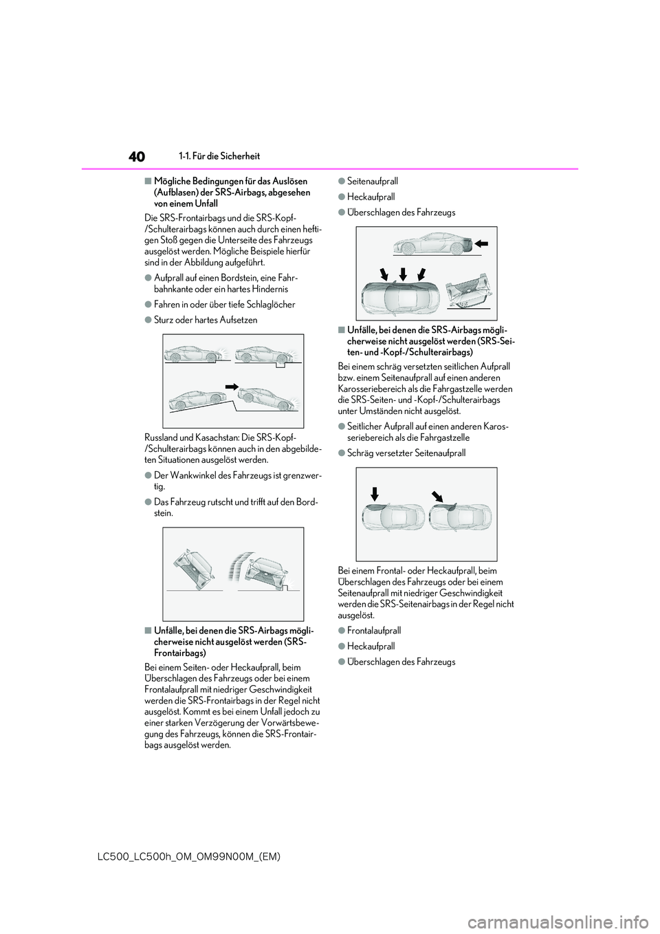 lexus LC500h 2018  Betriebsanleitung (in German) 40
�-�$����@�-�$����I�@�0�.�@�0�.���/���.�@�	�&�.�

1-1. Für die Sicherheit
■Mögliche Bedingungen für das Auslösen  
(Aufblasen) der SRS-Airbags, abgesehen  von einem Unfall 
Die SRS-F